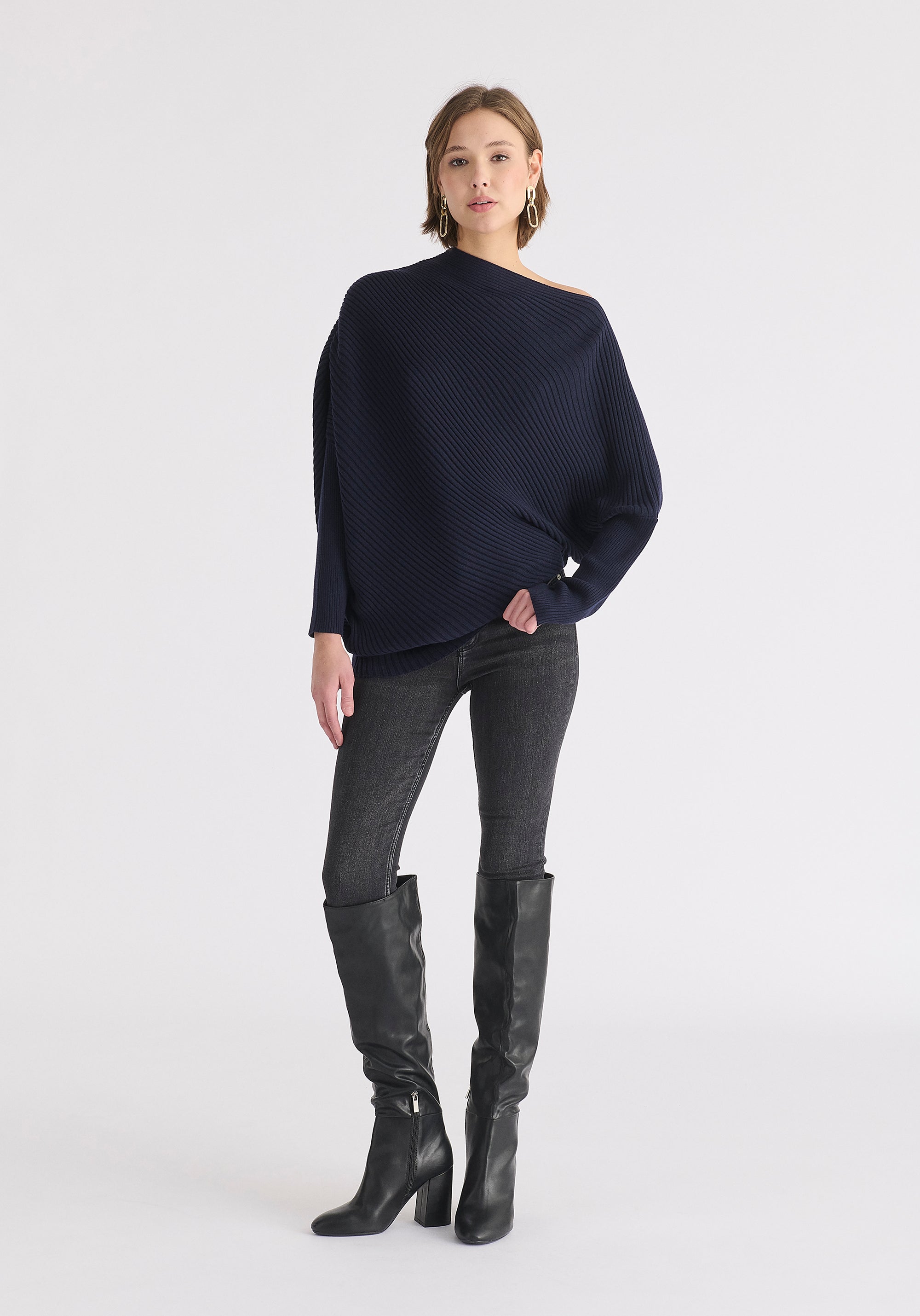 Draped Knitted Jumper in Navy Front