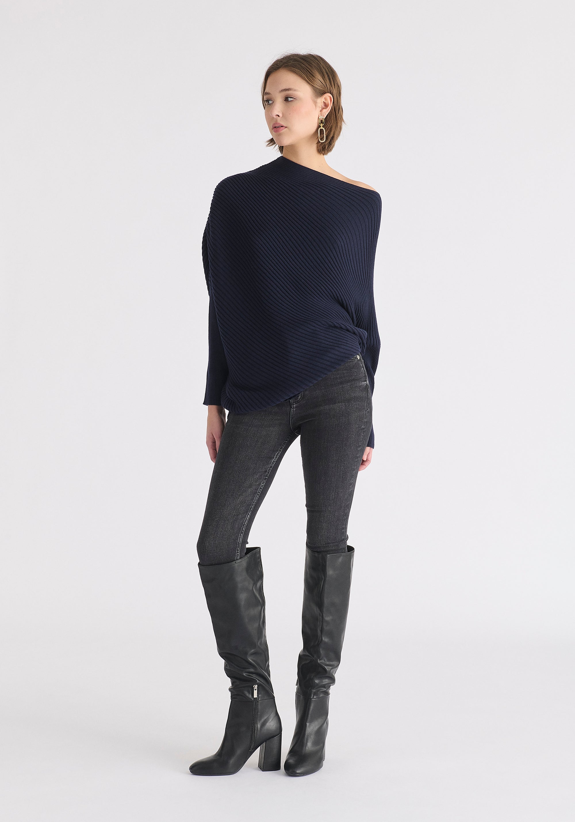 Draped Knitted Jumper in Navy Front