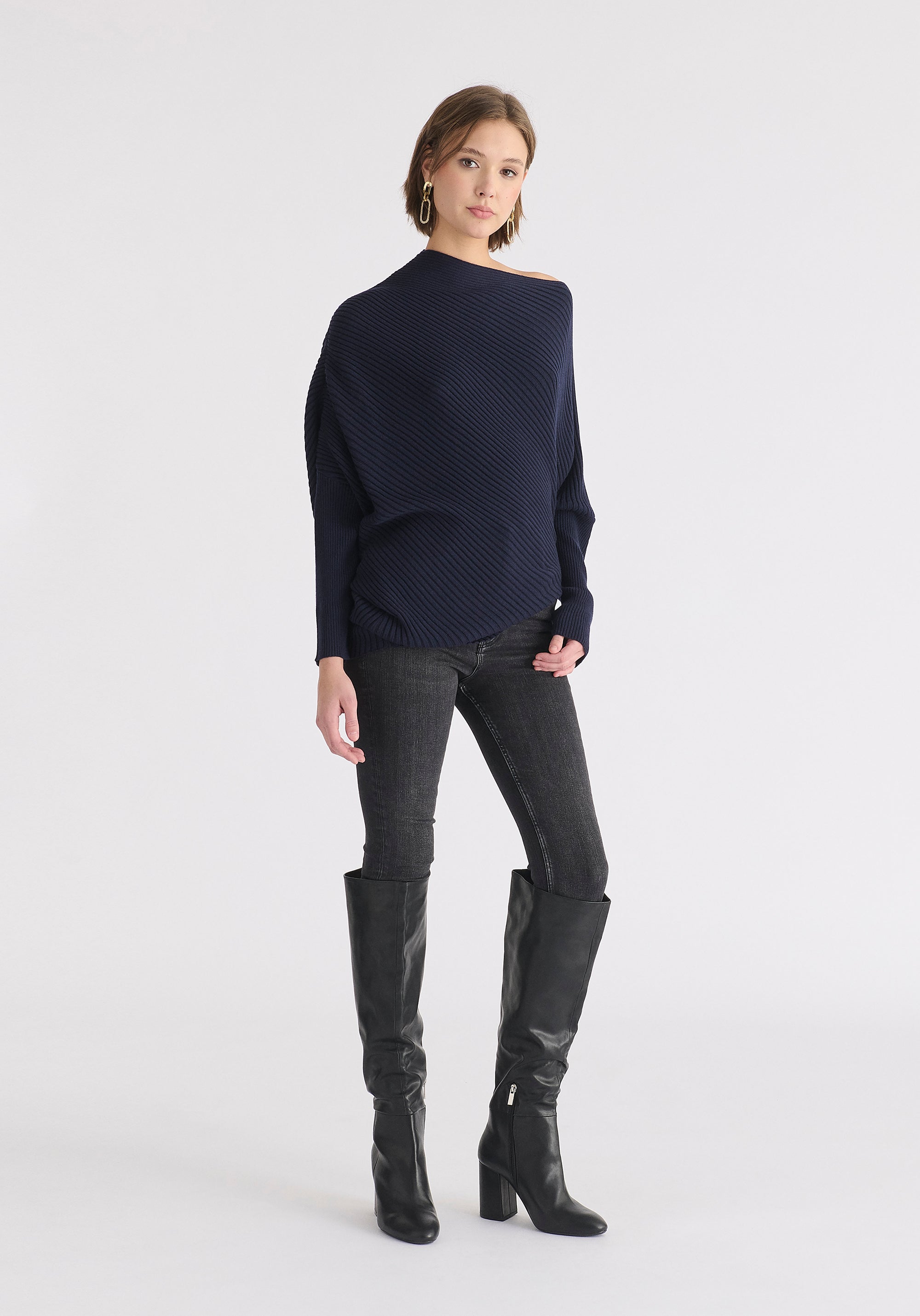 Draped Knitted Jumper in Navy Side