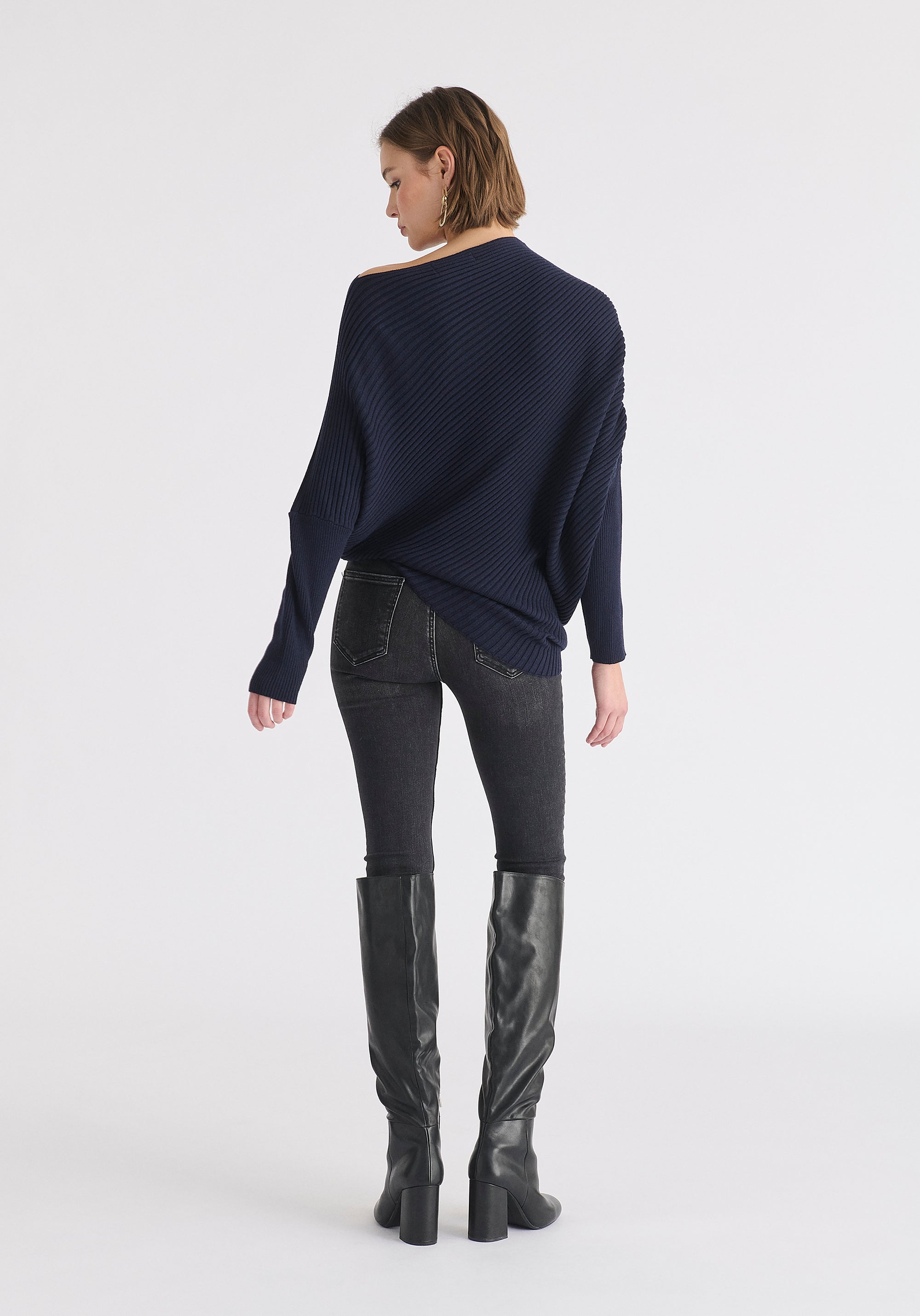 Draped Knitted Jumper in Navy Back