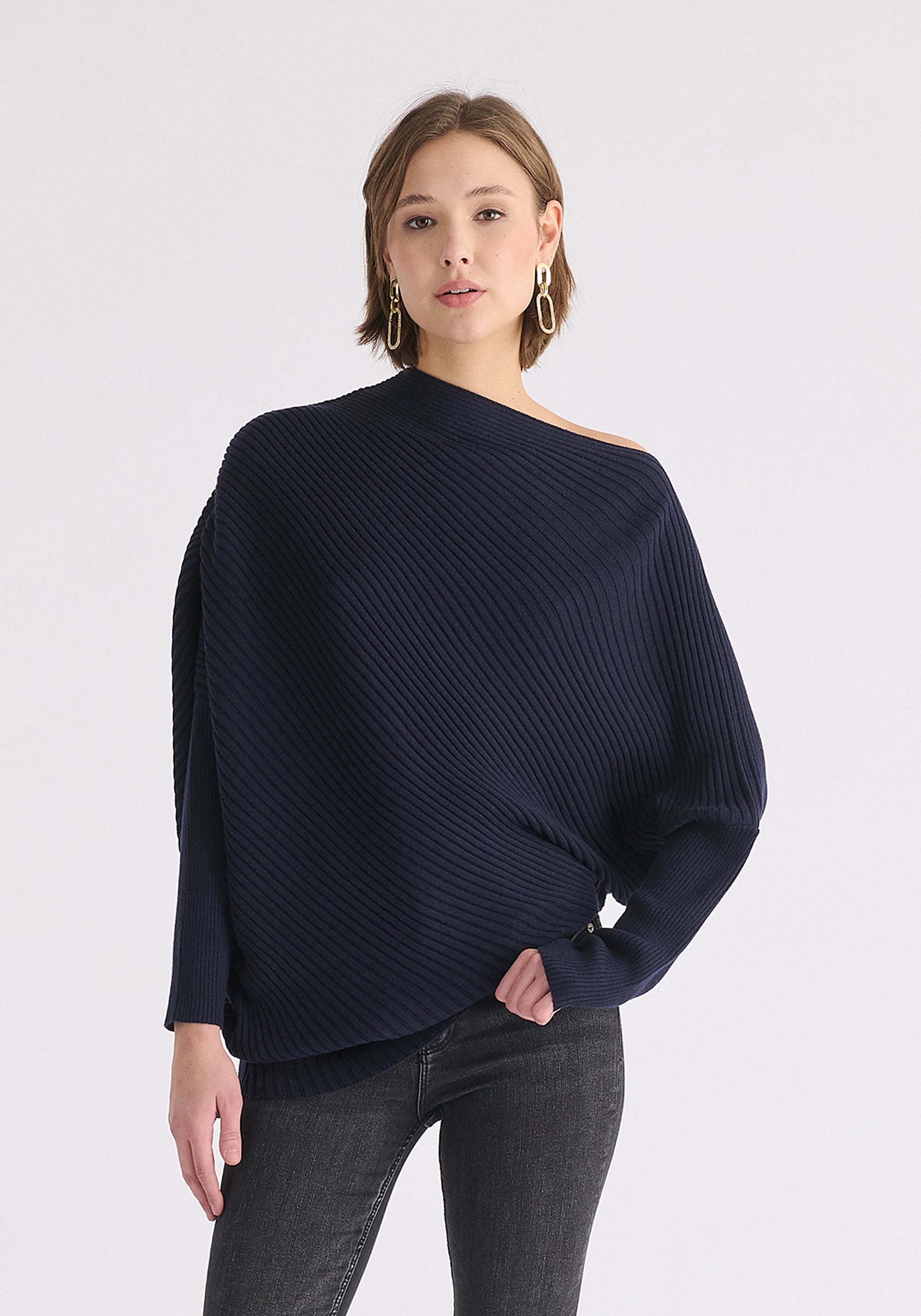 Draped Knitted Jumper in Navy