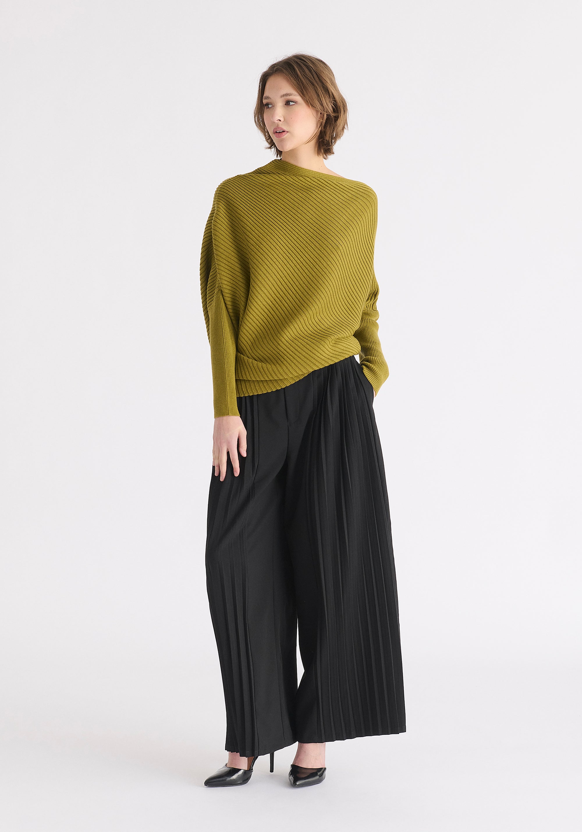 Draped Knitted Jumper in Olive Front