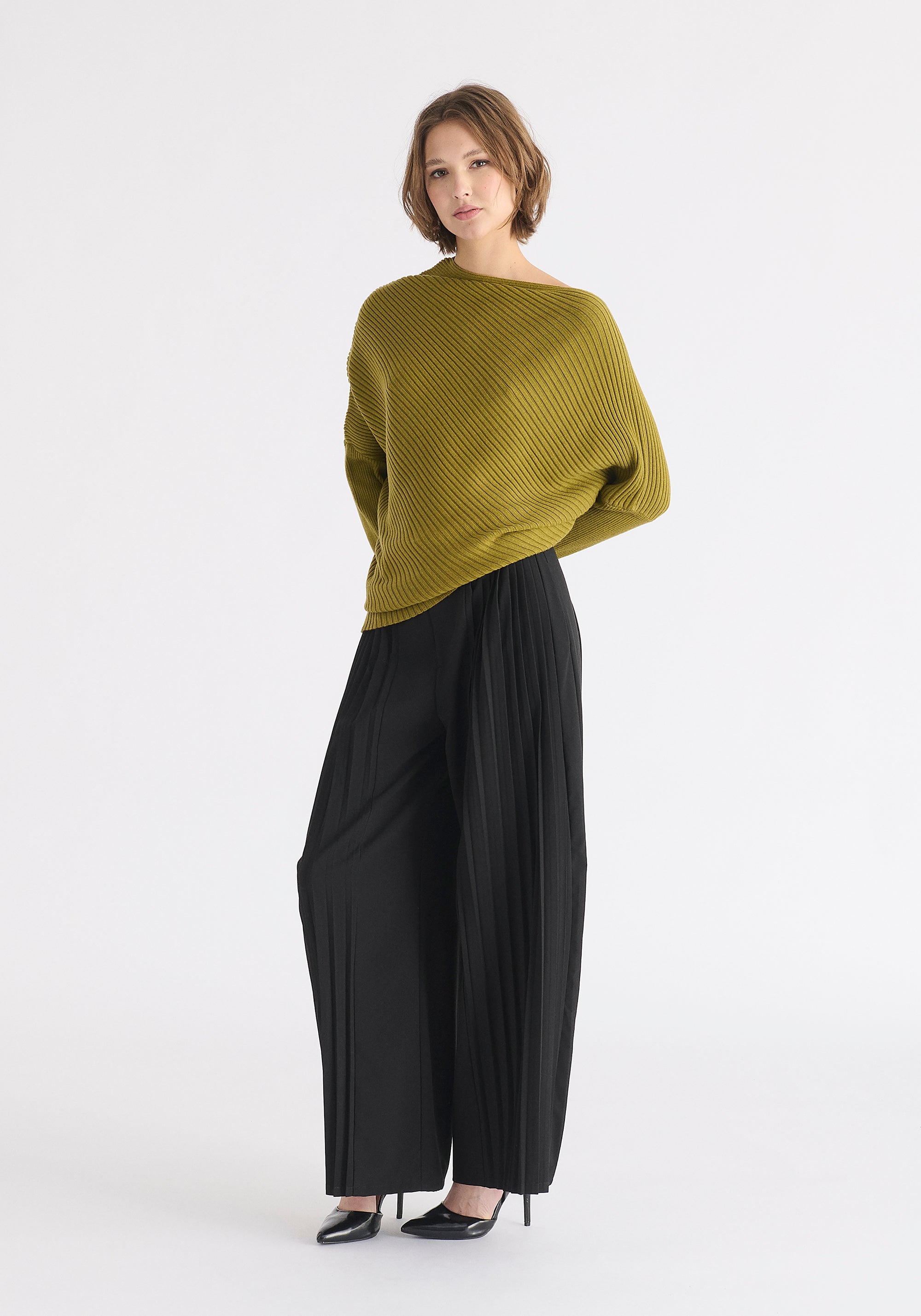 Draped Knitted Jumper in Olive Front