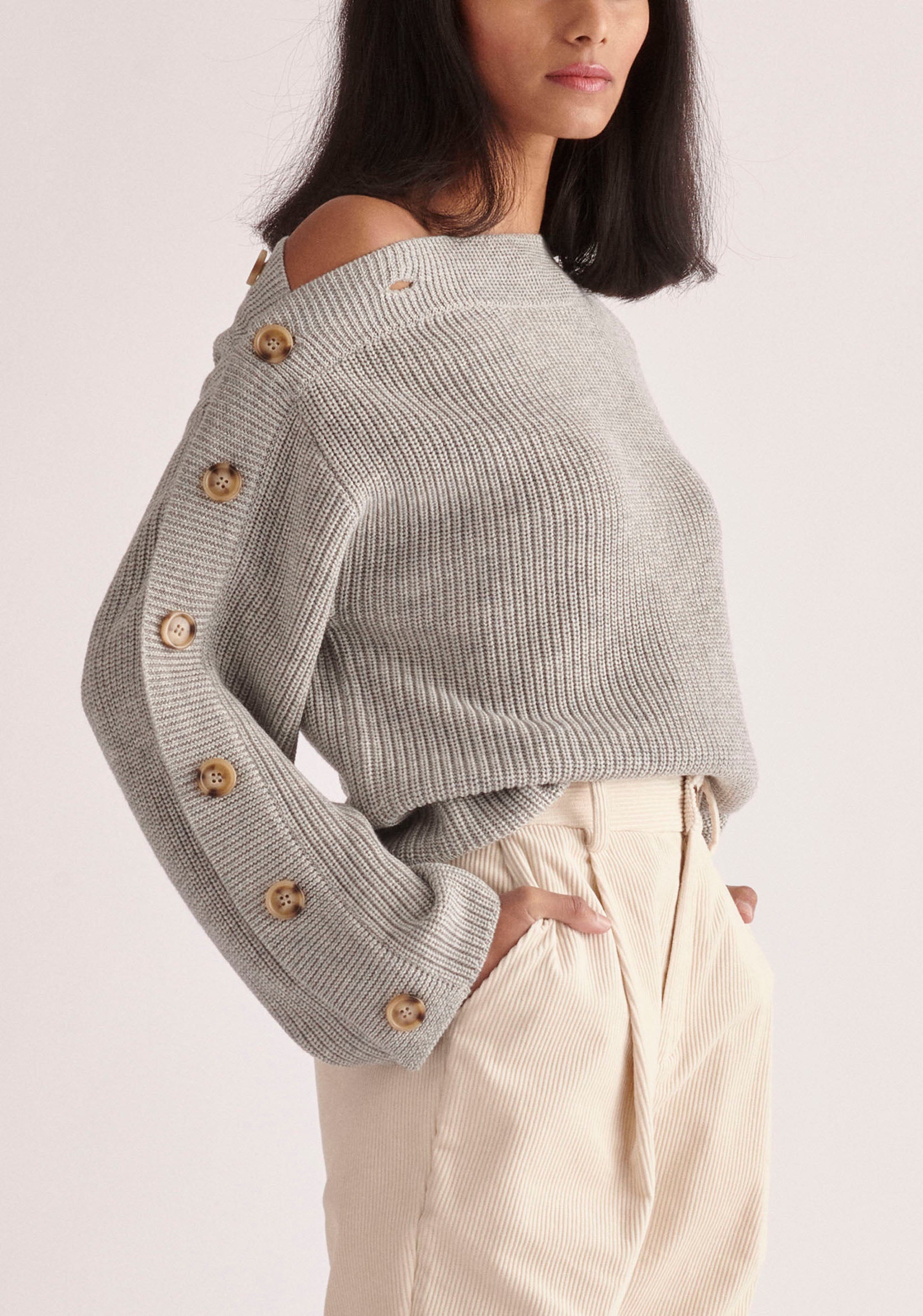 Paisie Button Sleeve Jumper in Light Grey 