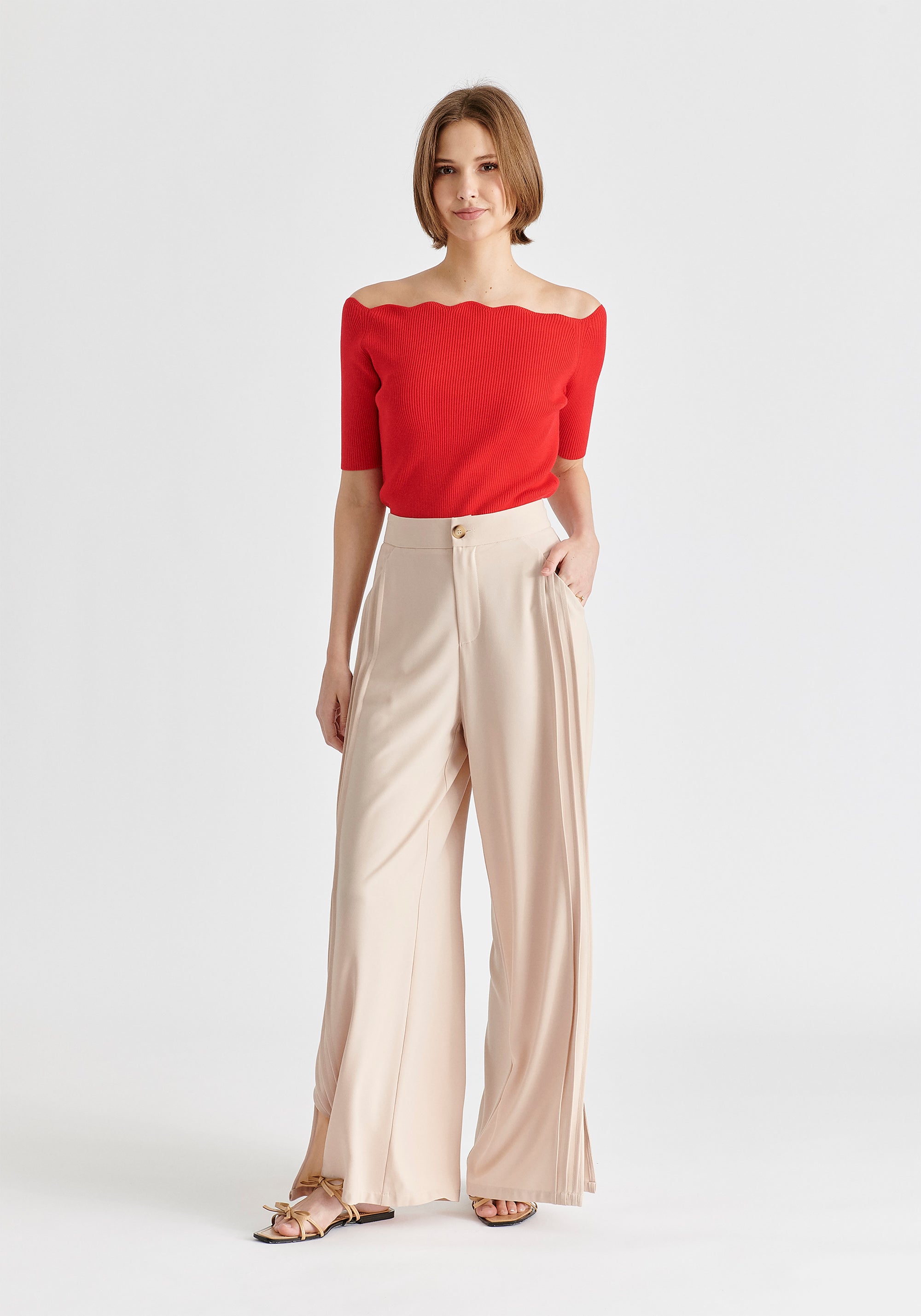 Scallop Neck Knit Top In Red Front