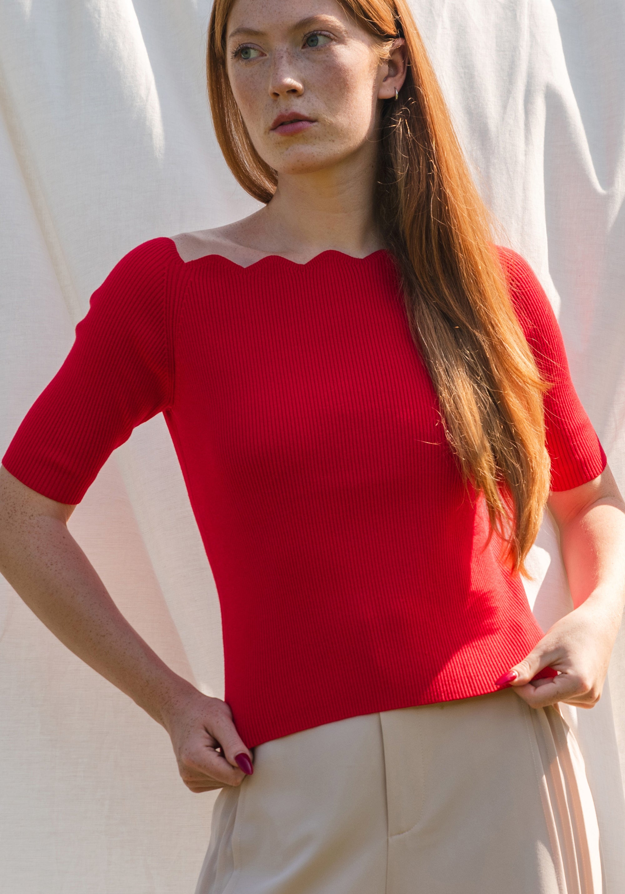 Scallop Neck Knit Top in Red