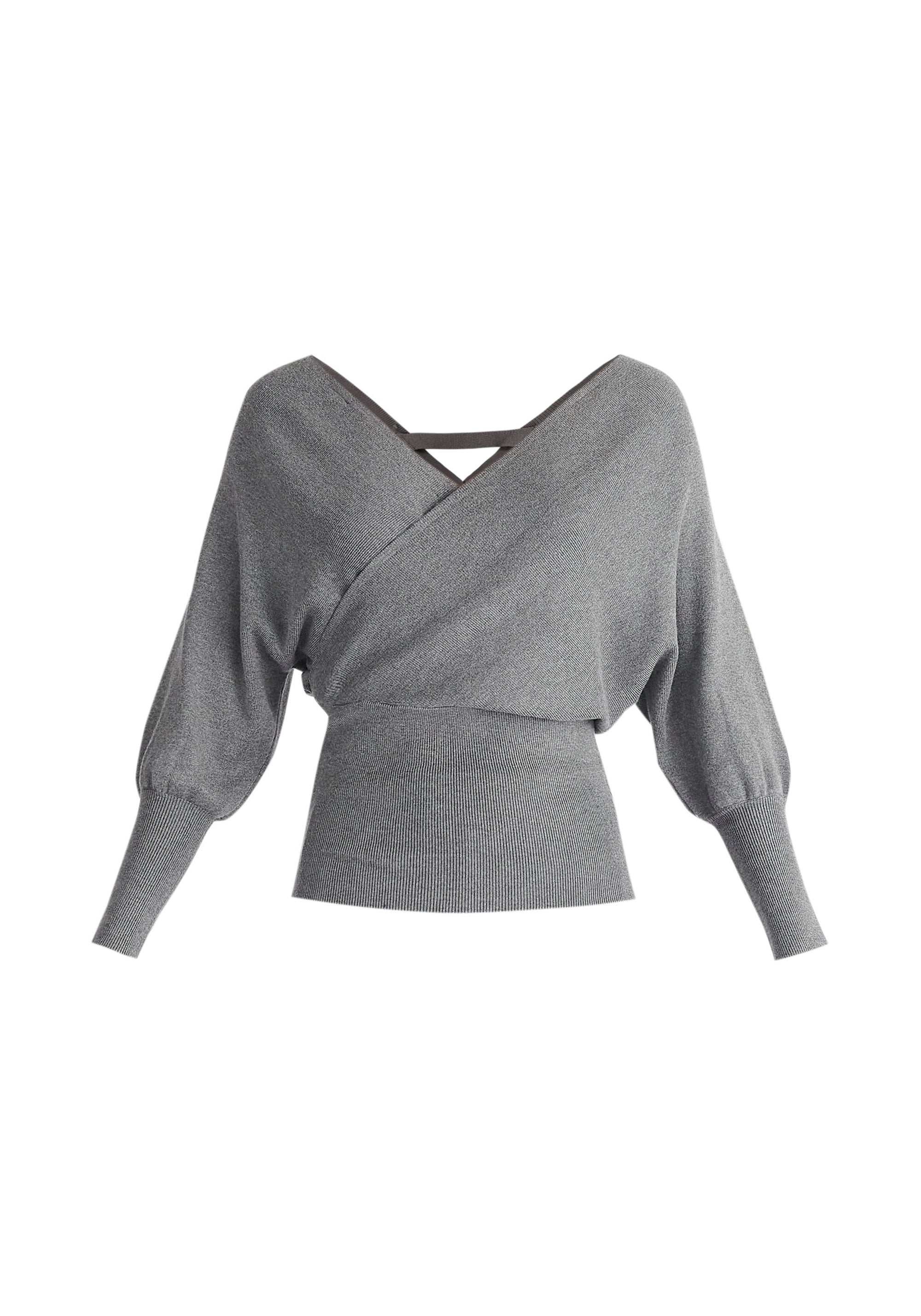 Paisie Balloon Sleeve Wrap Top in Grey Cut Out