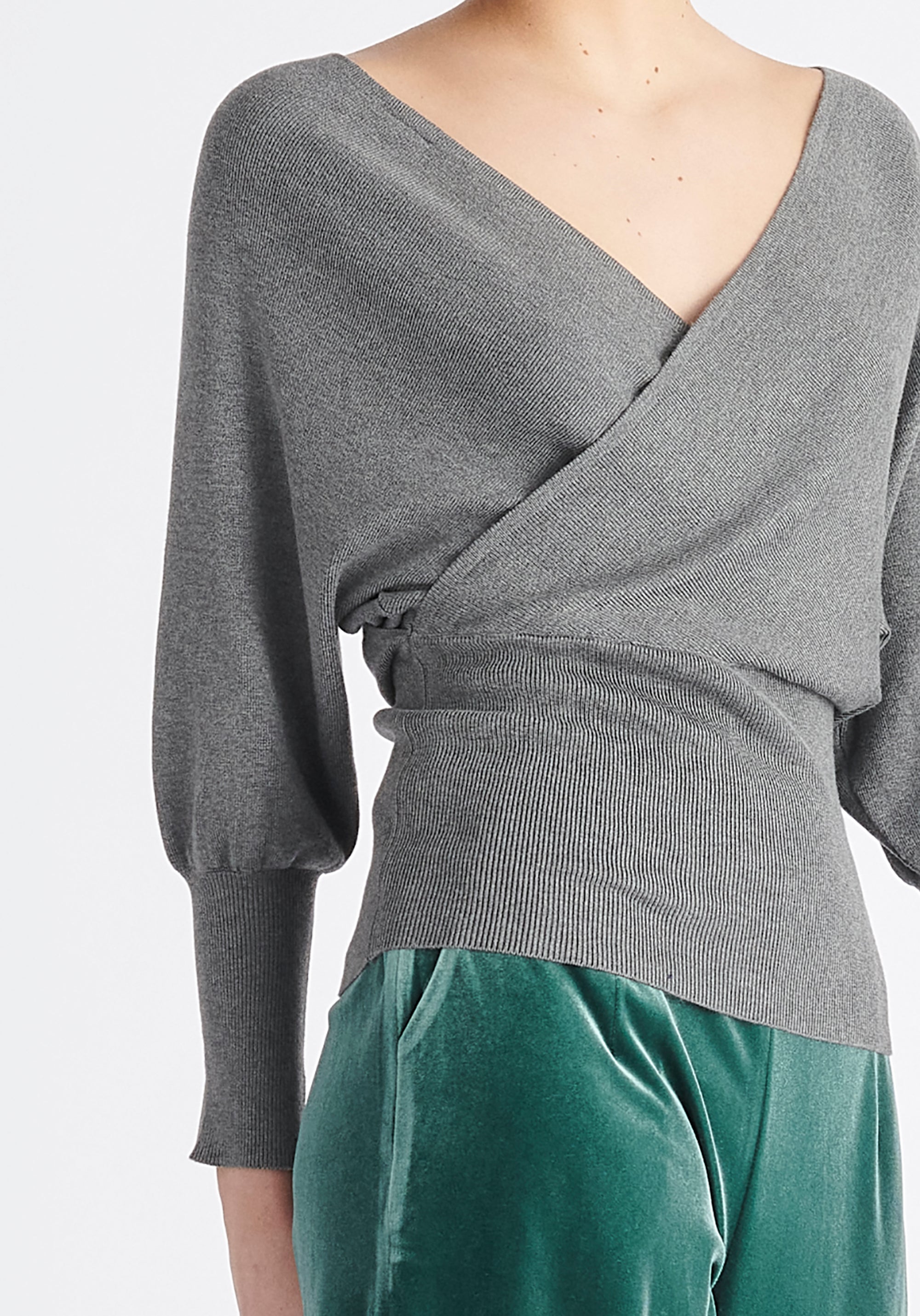 Paisie Balloon Sleeve Wrap Top in Grey Close Up