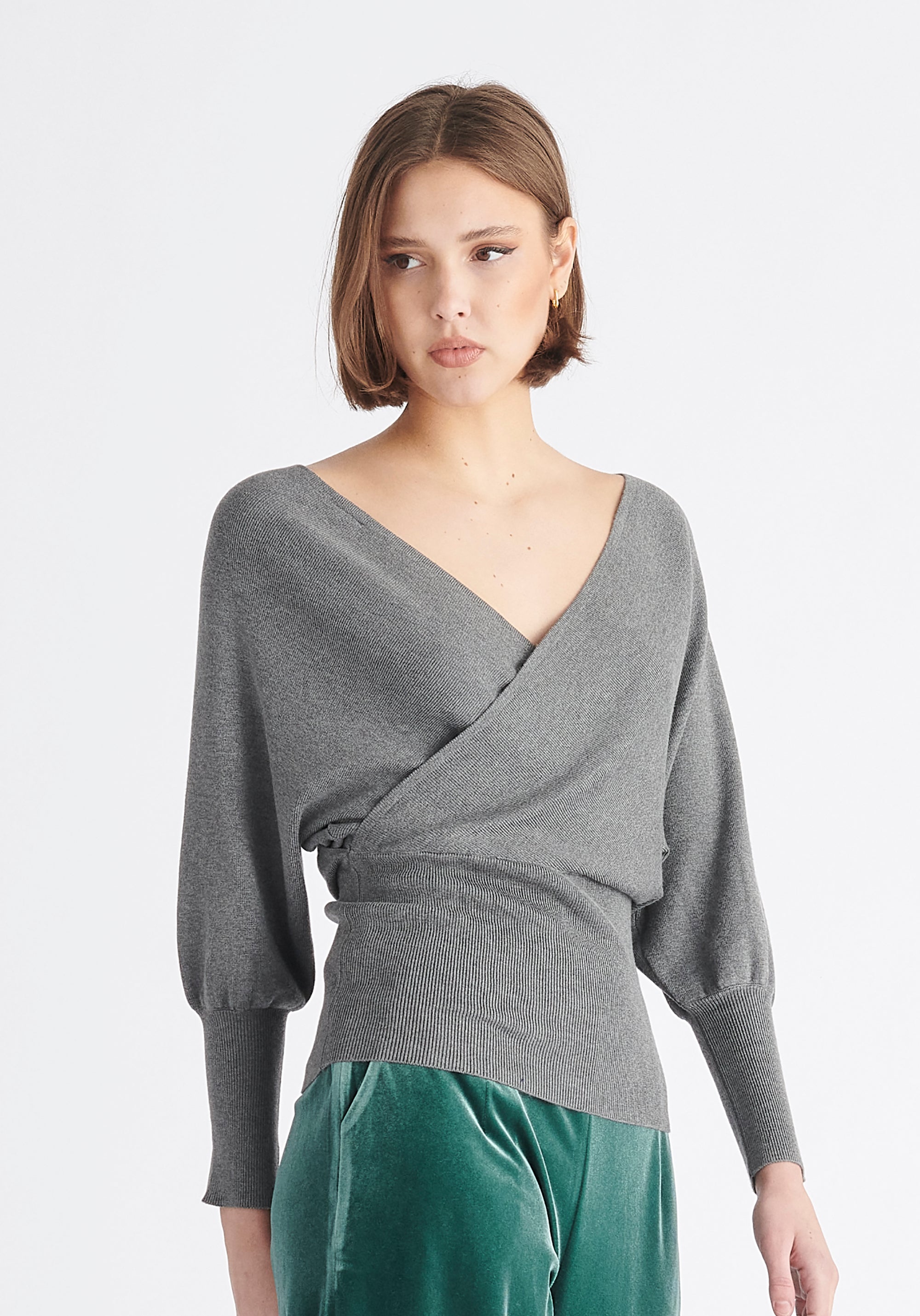 Paisie Balloon Sleeve Wrap Top in Grey