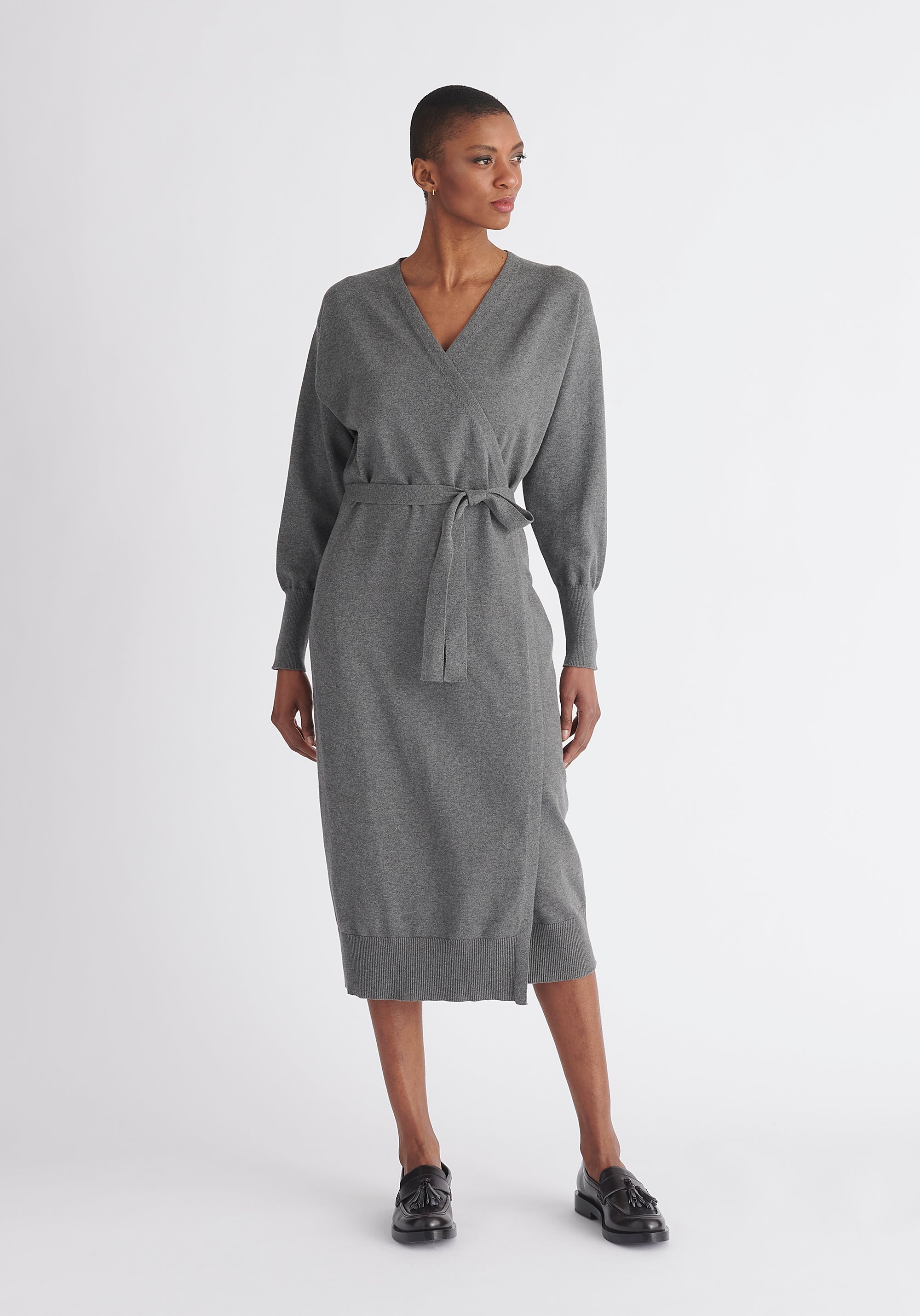 Paisie Knitted Wrap Dress in Grey