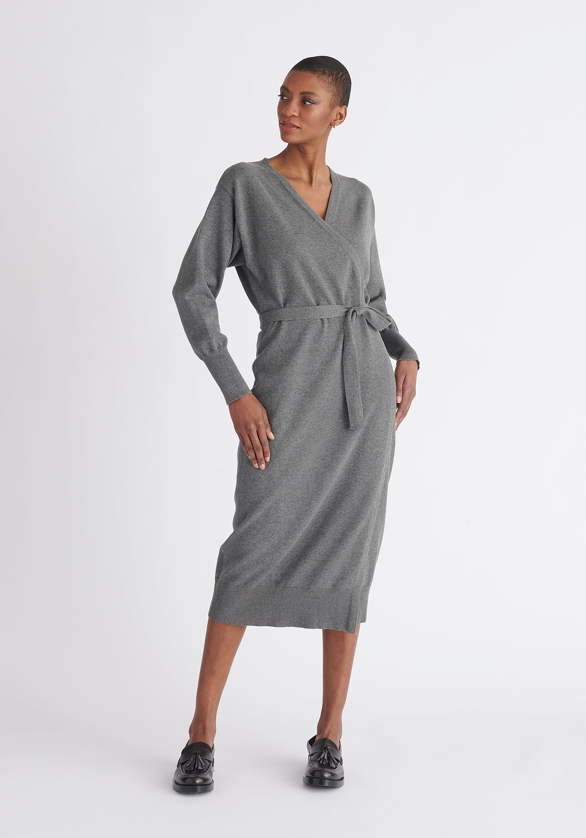 Paisie Knitted Wrap Dress in Grey