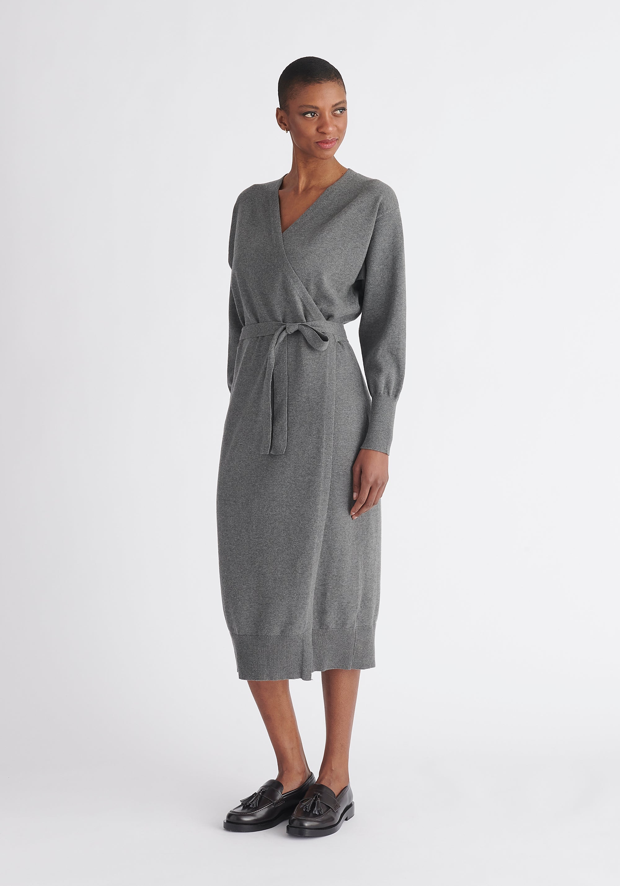 Paisie Knitted Wrap Dress in Grey