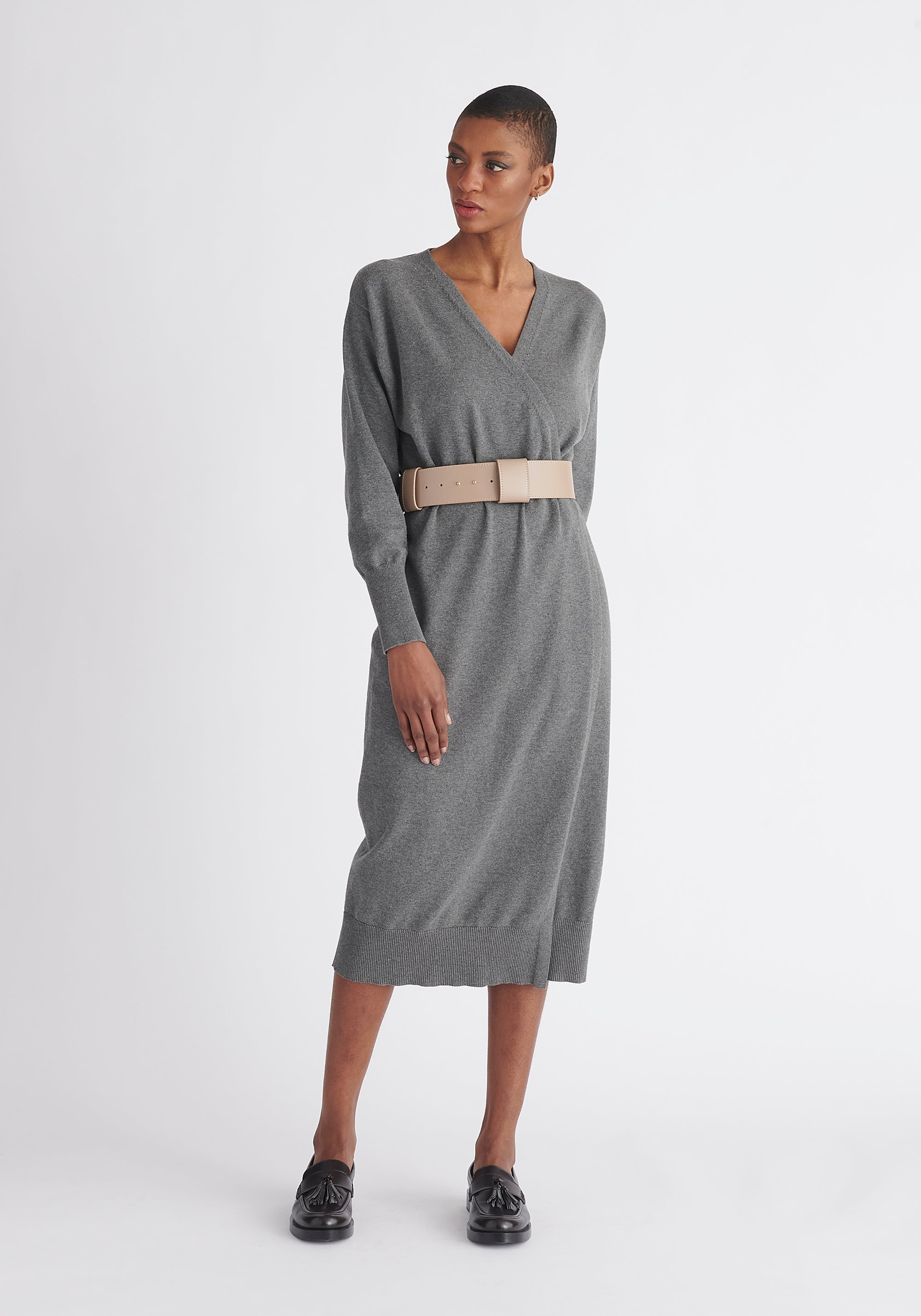 Paisie Knitted Wrap Dress in Grey