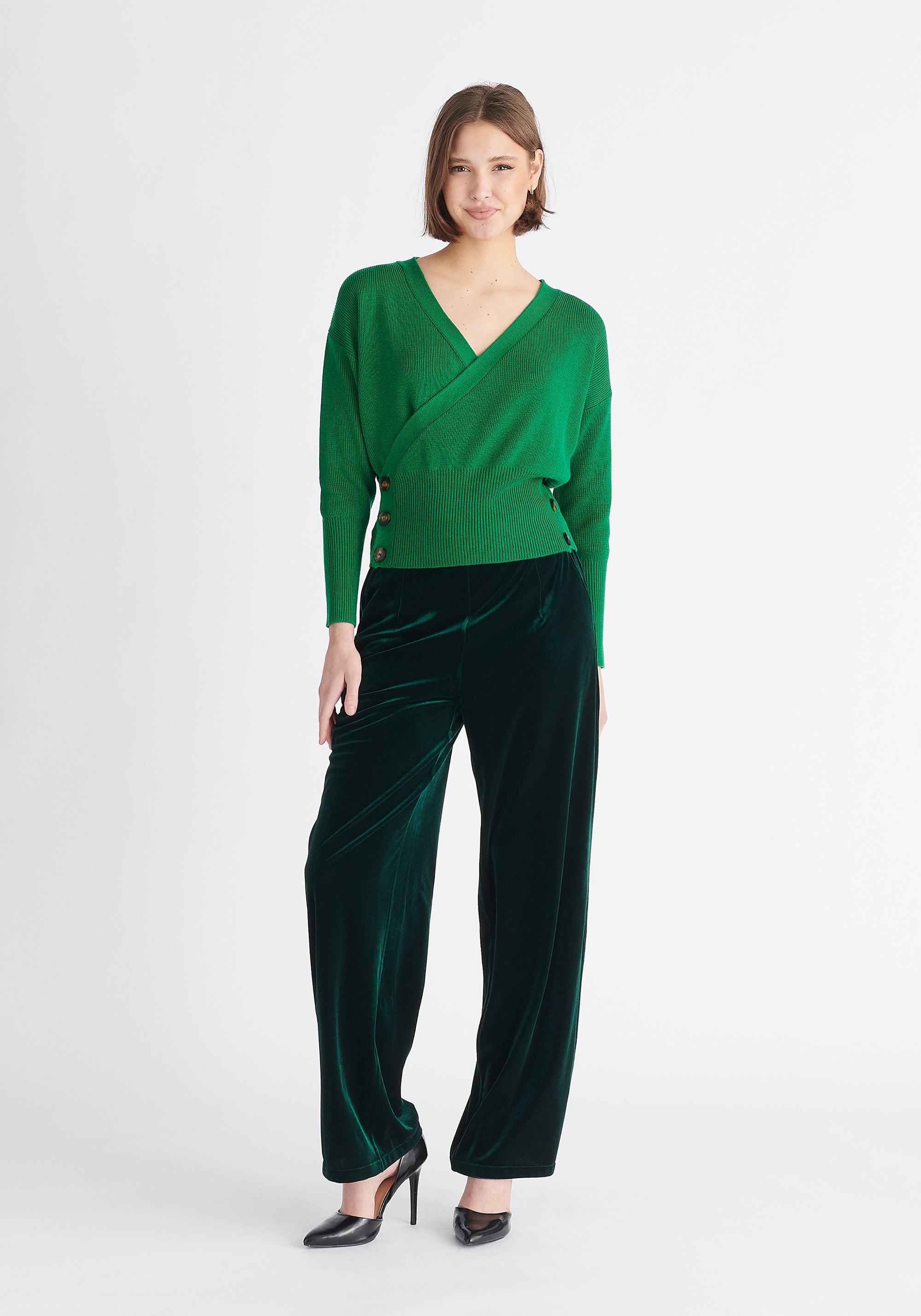 Paisie Button Knitted Wrap Top in Green