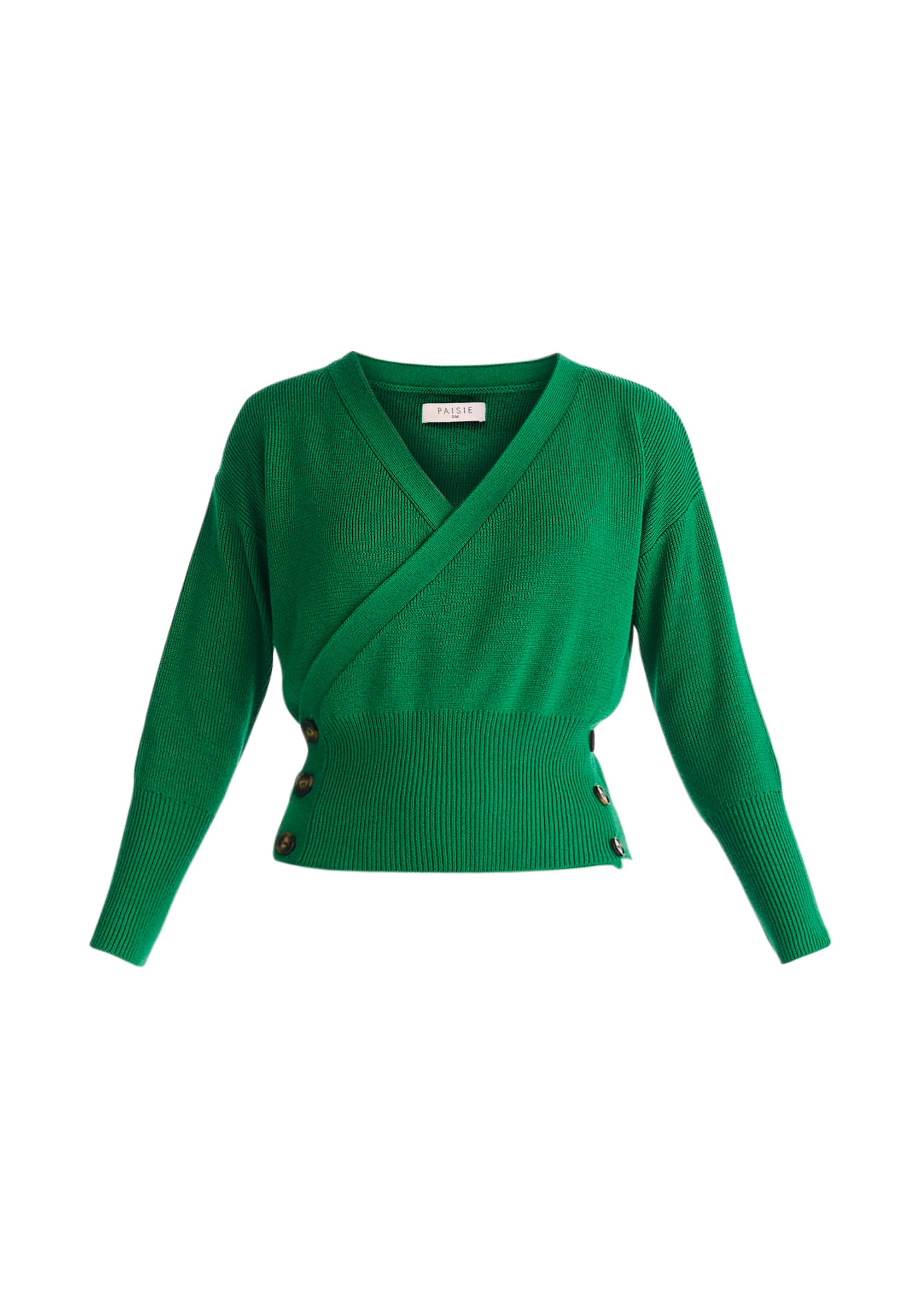 Paisie Button Knitted Wrap Top in Green Cut Out