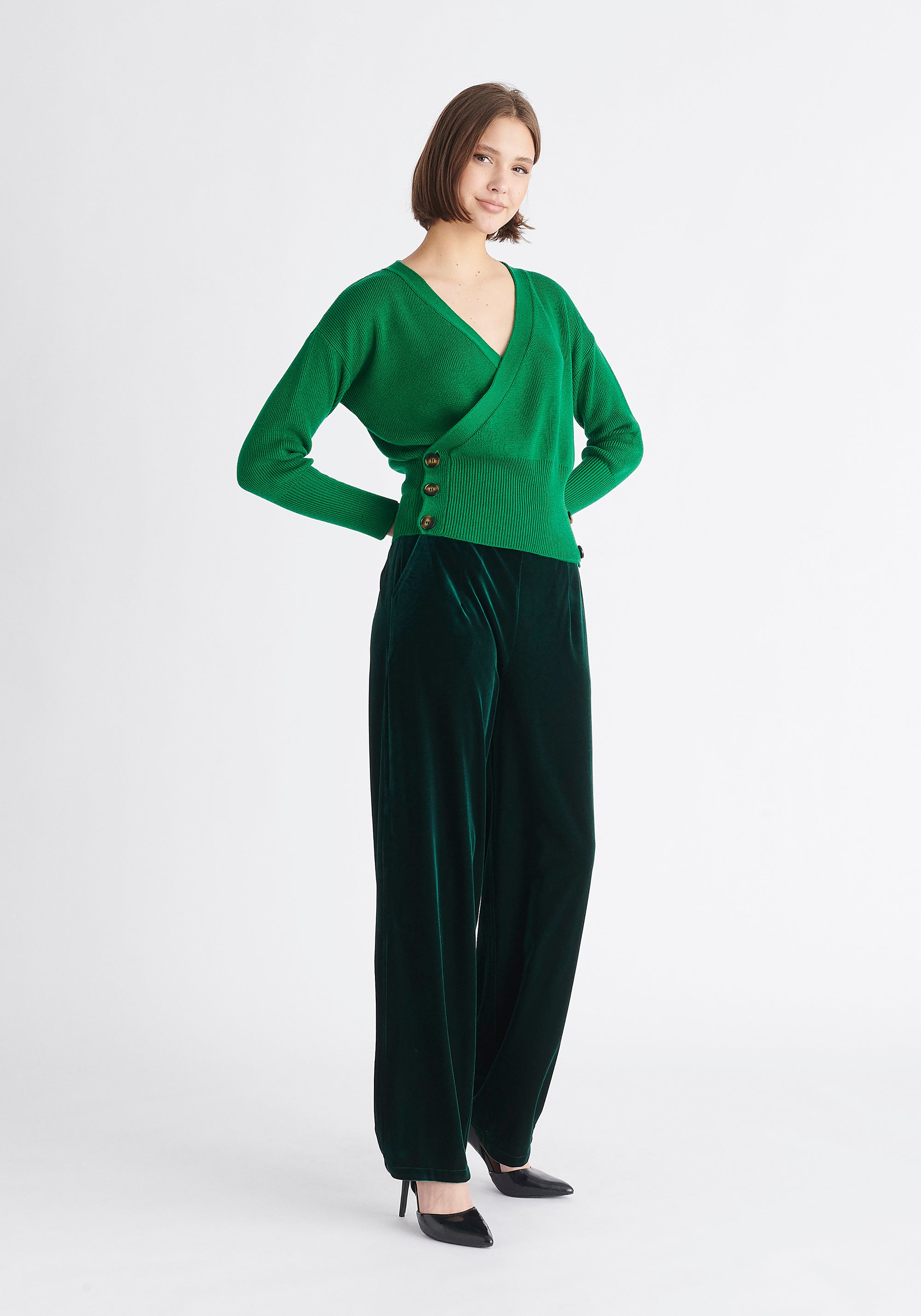 Paisie Button Knitted Wrap Top in Green