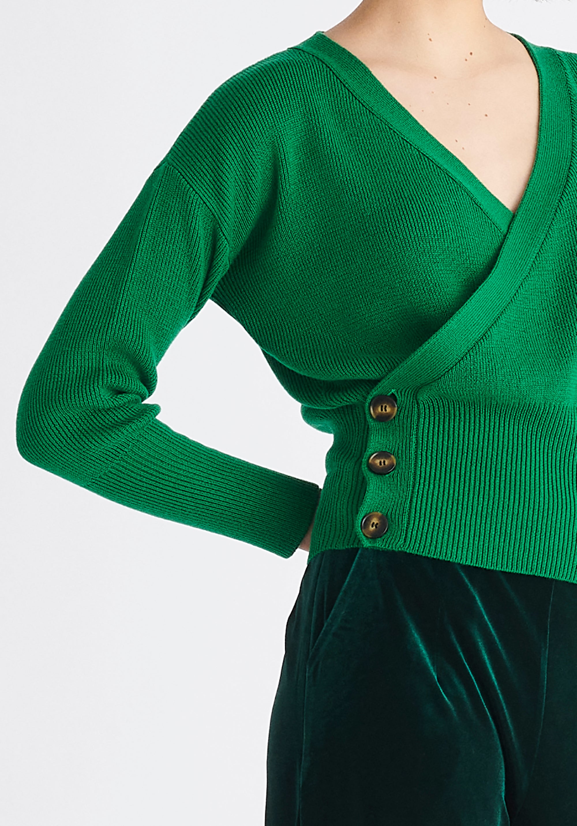 Paisie Button Knitted Wrap Top in Green Close Up