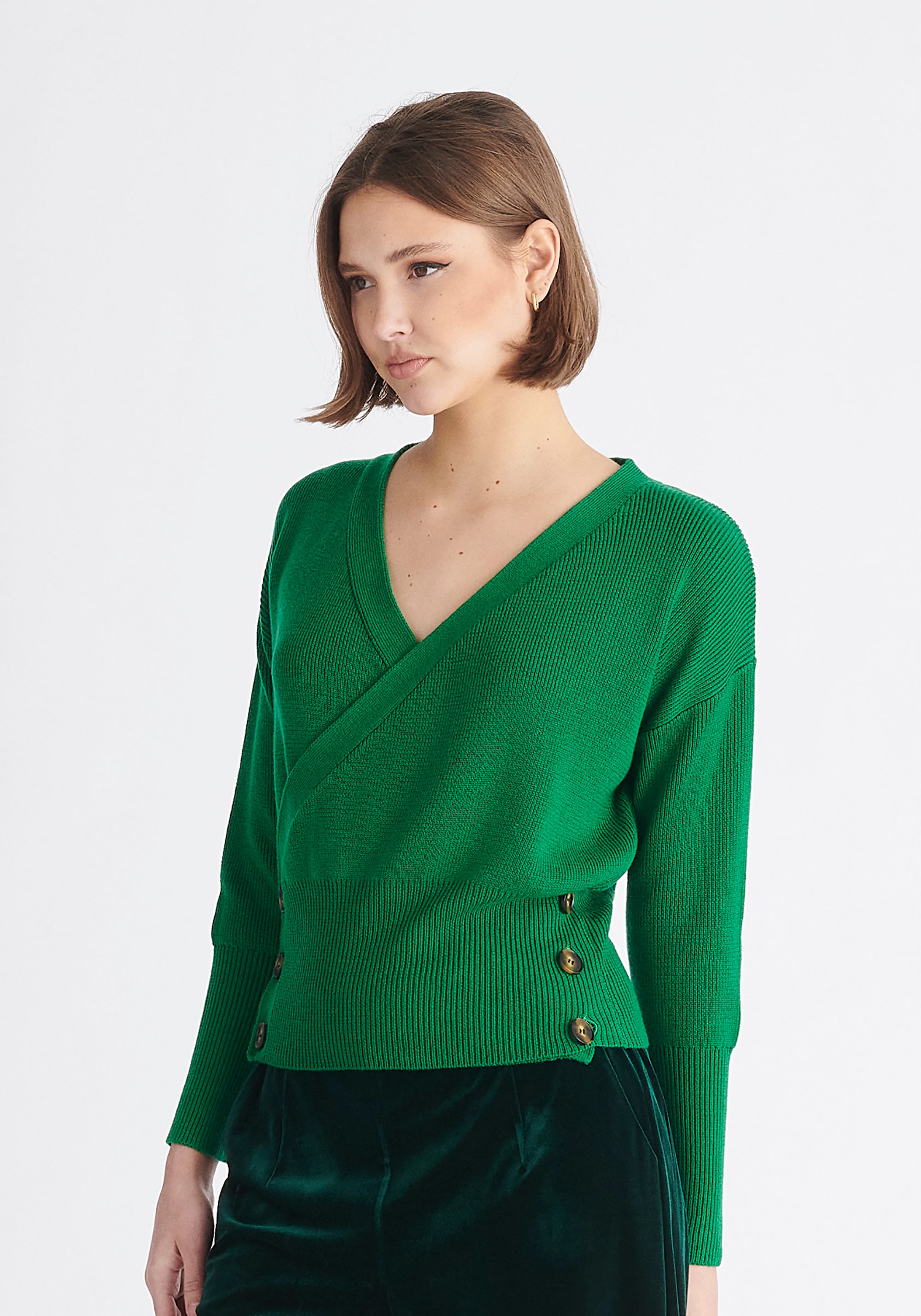 Paisie Button Knitted Wrap Top in Green