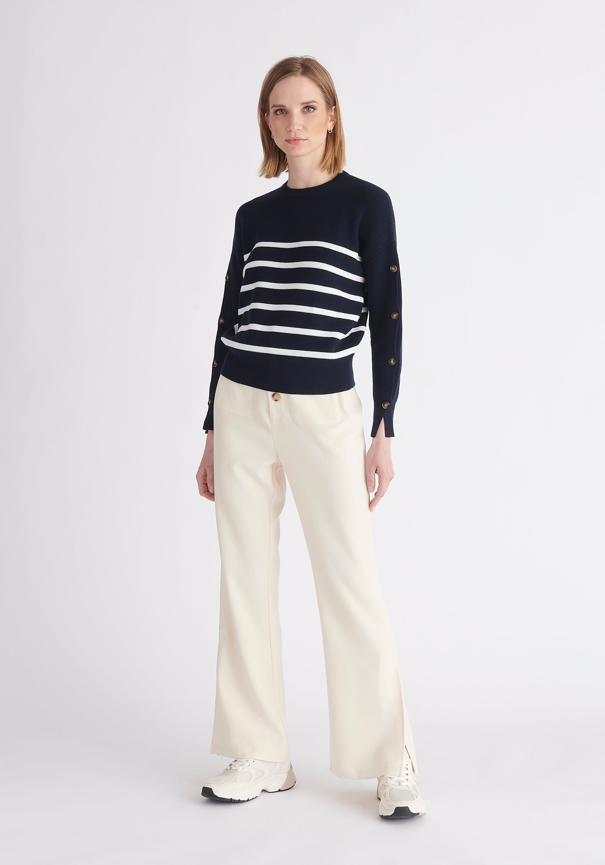 Paisie Striped Button Jumper in Navy and White