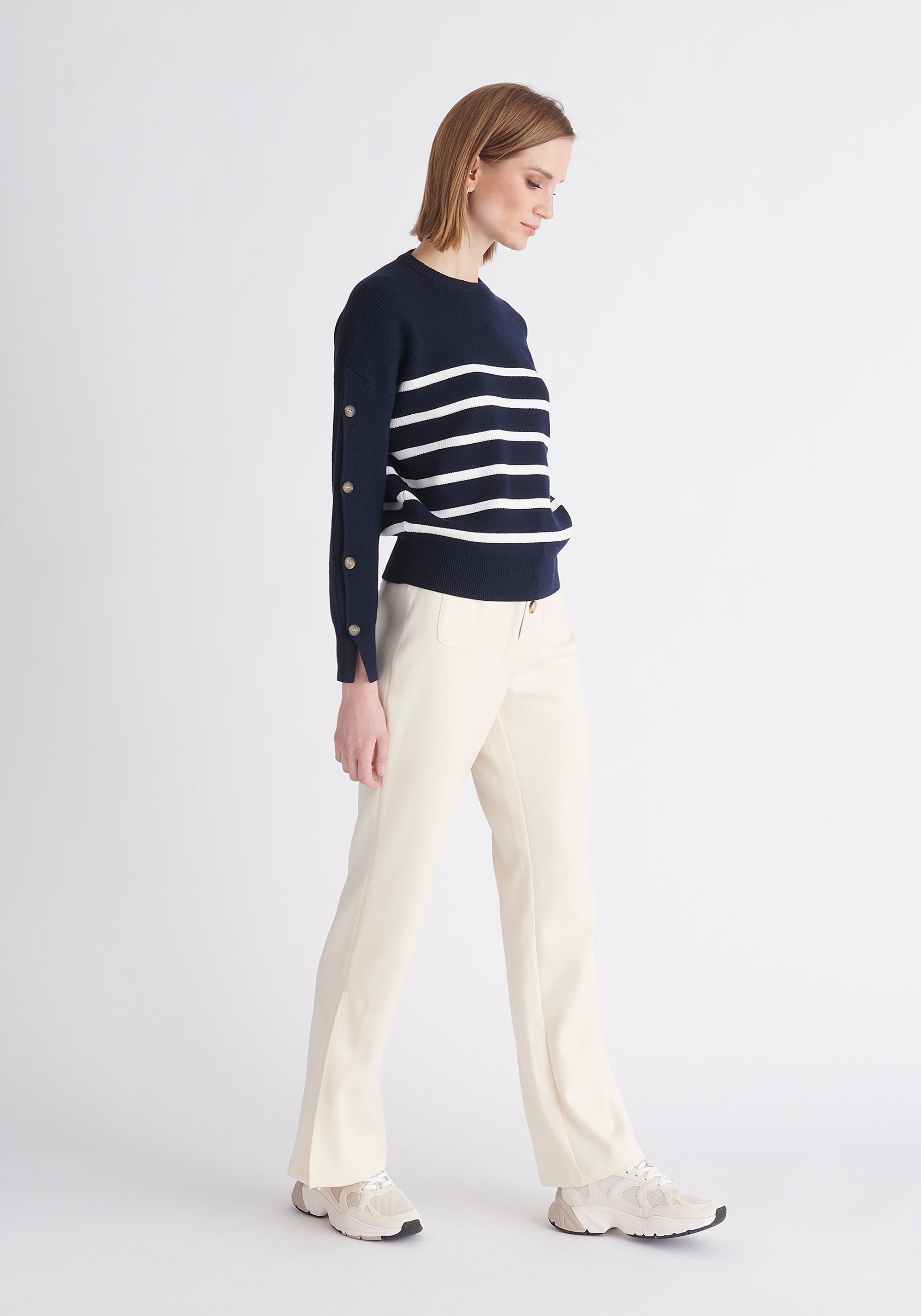 Paisie Striped Button Jumper in Navy and White Side