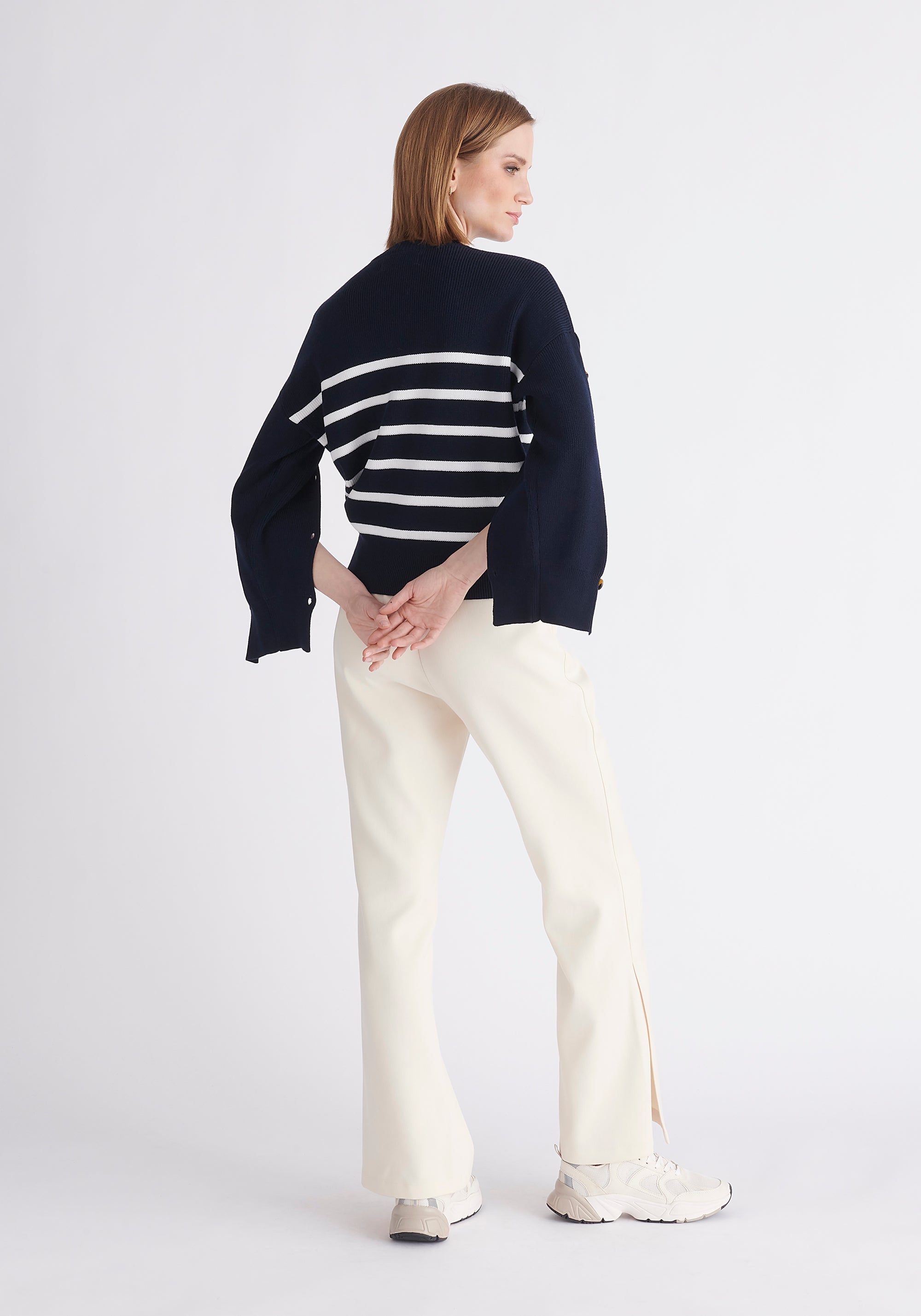 Paisie Striped Button Jumper in Navy and White Back