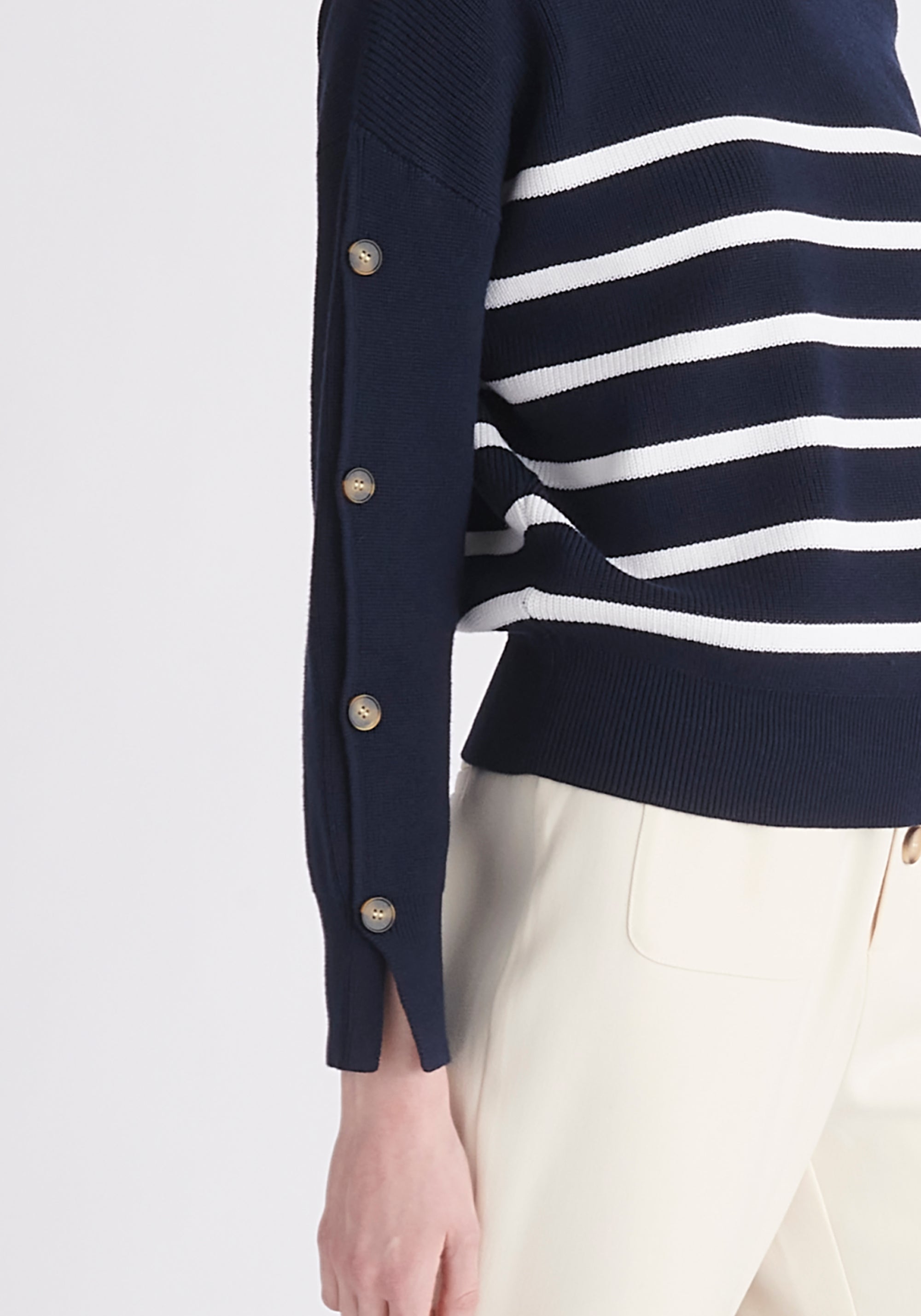 Paisie Striped Button Jumper in Navy and White Close Up