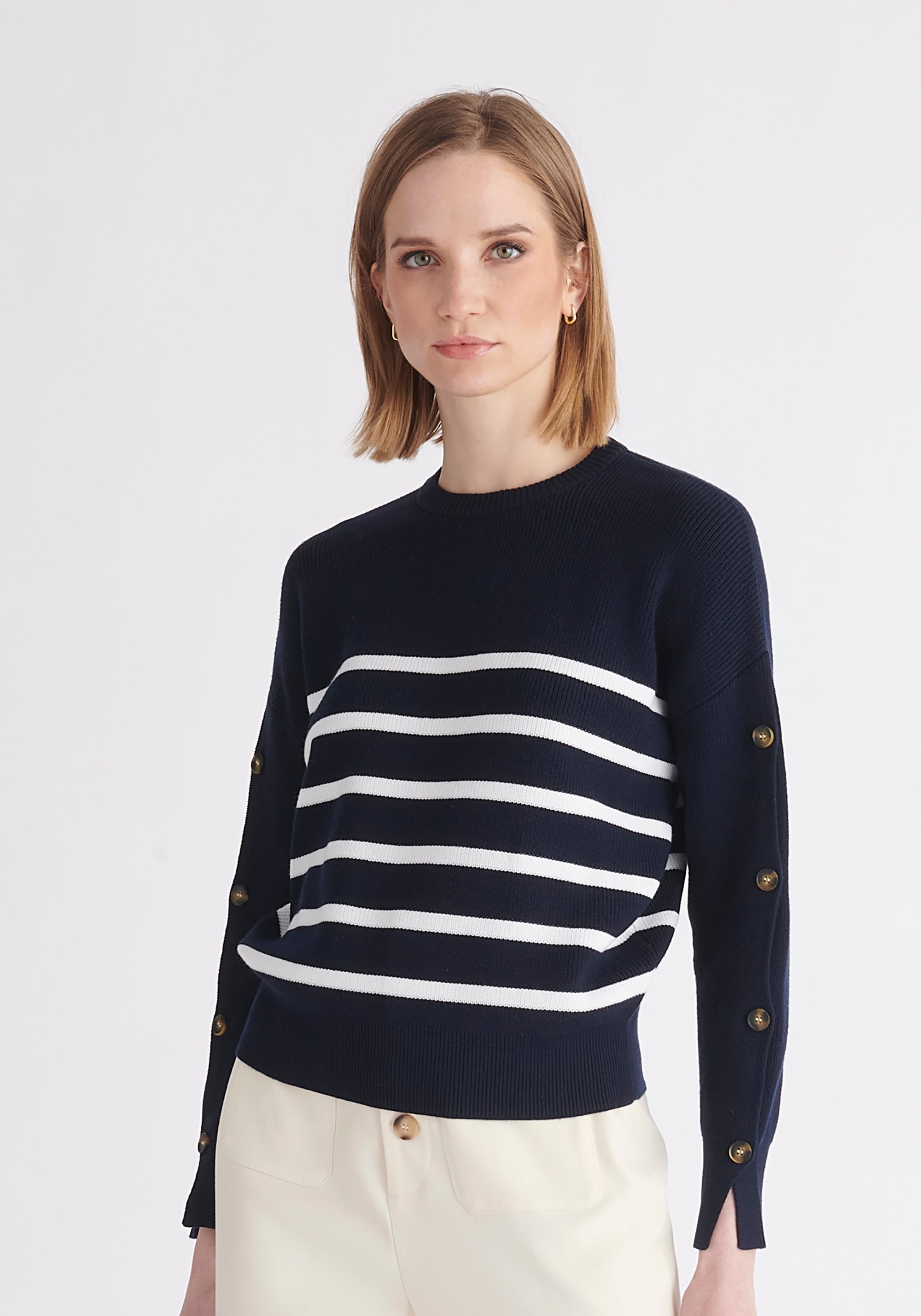 Paisie Striped Button Jumper in Navy and White