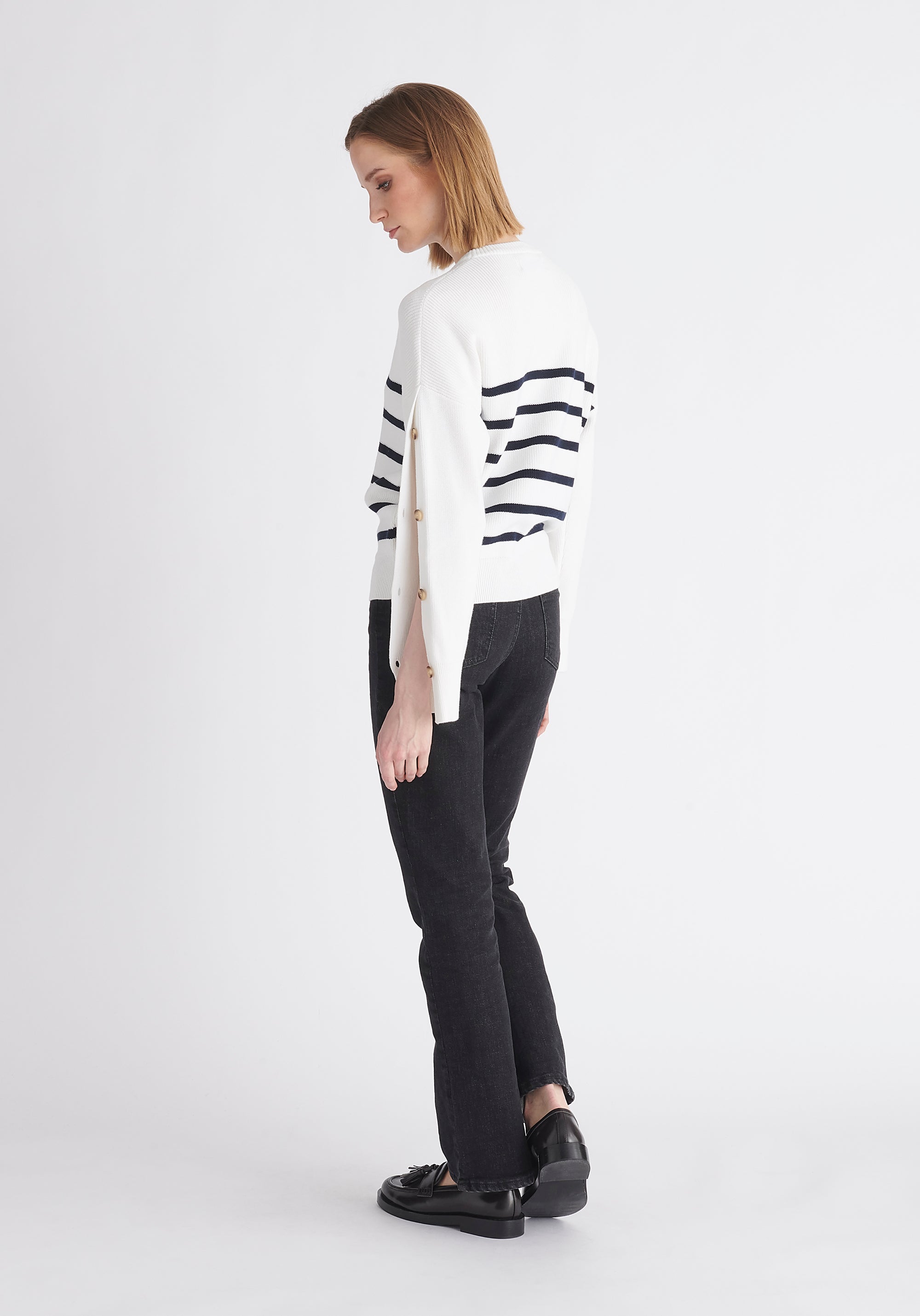 Paisie Striped Button Jumper in White and Navy Back