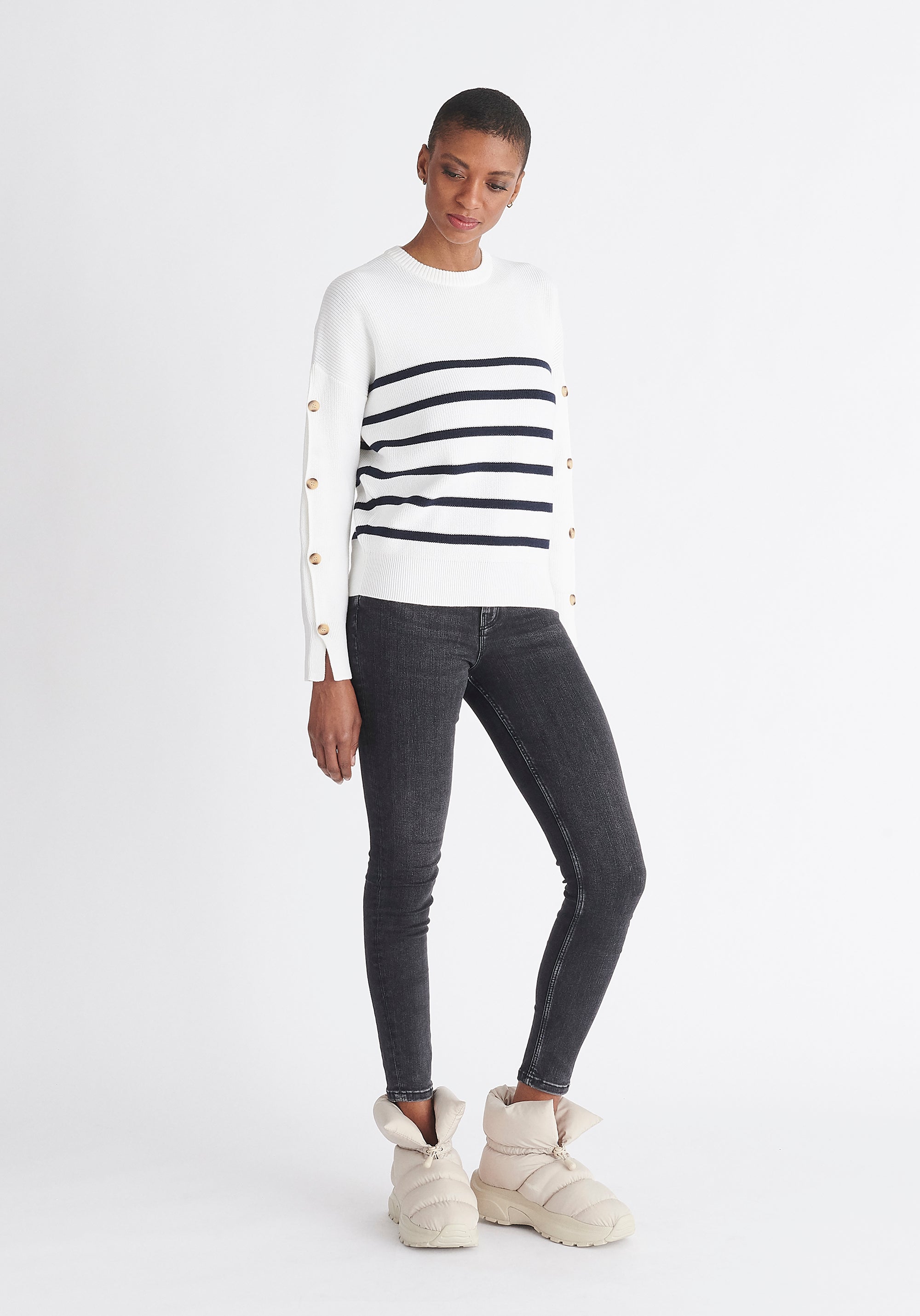 Paisie Striped Button Jumper in White and Navy