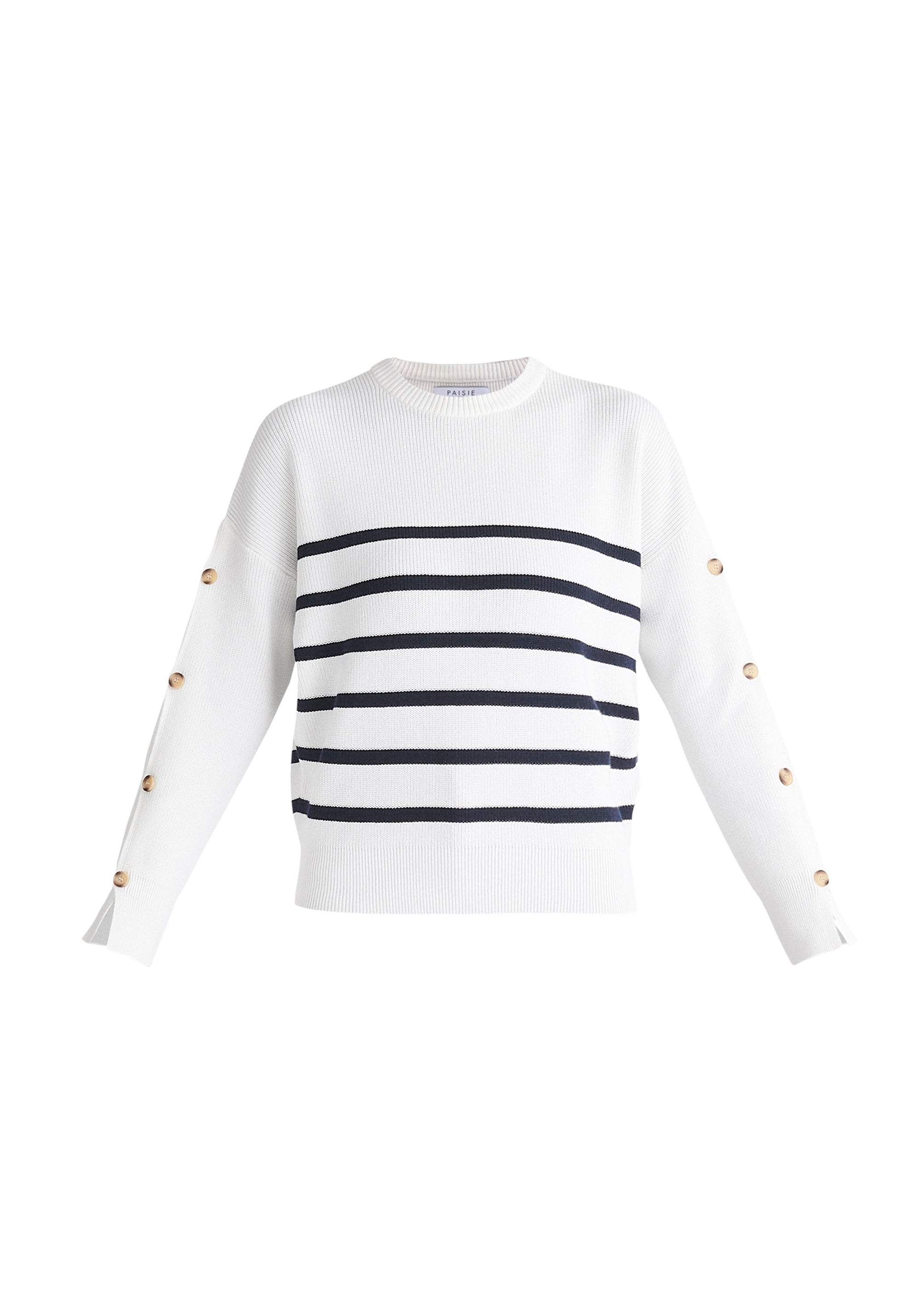 Paisie Striped Button Jumper in White and Navy Cut Out