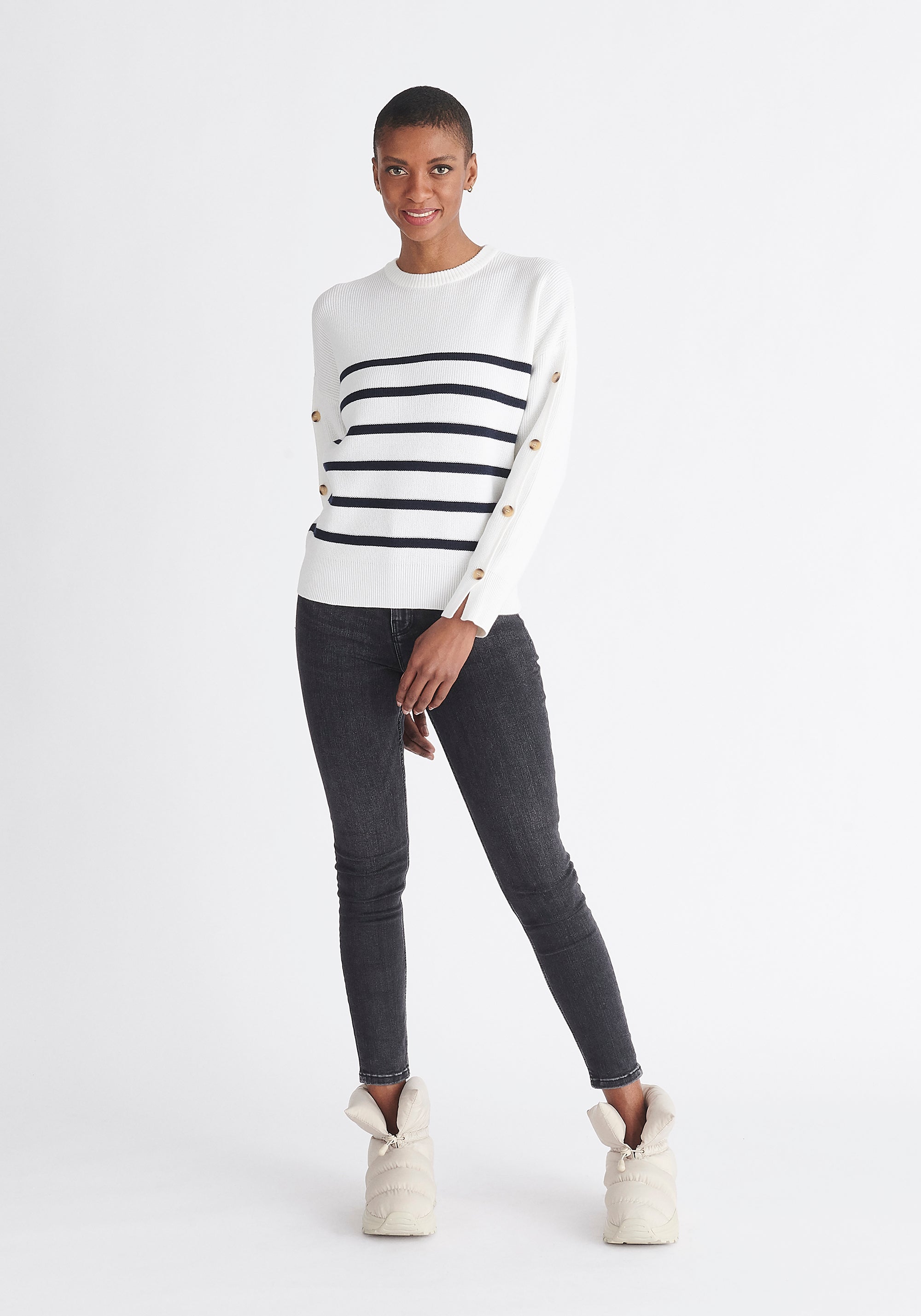 Paisie Striped Button Jumper in White and Navy