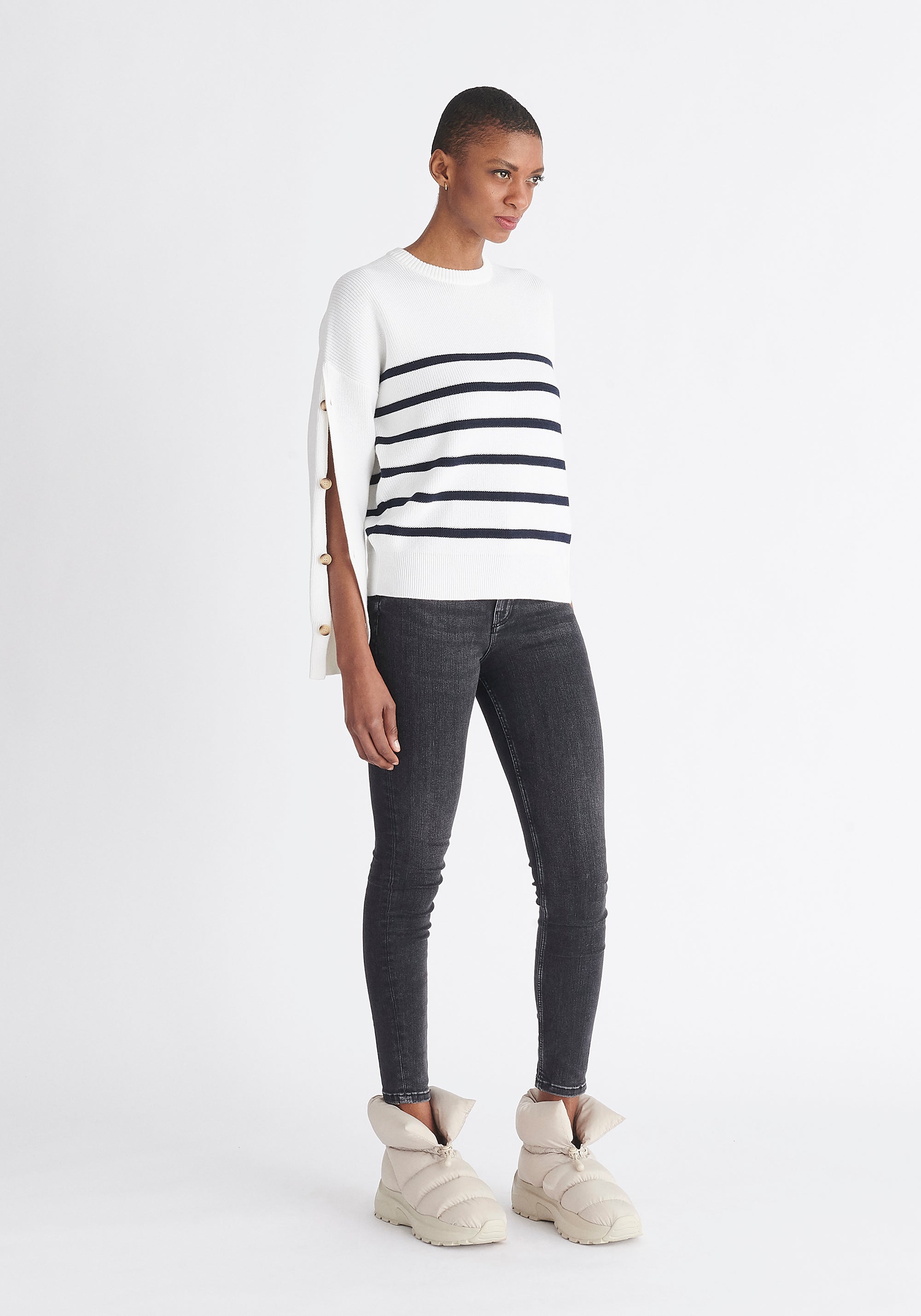 Paisie Striped Button Jumper in White and Navy