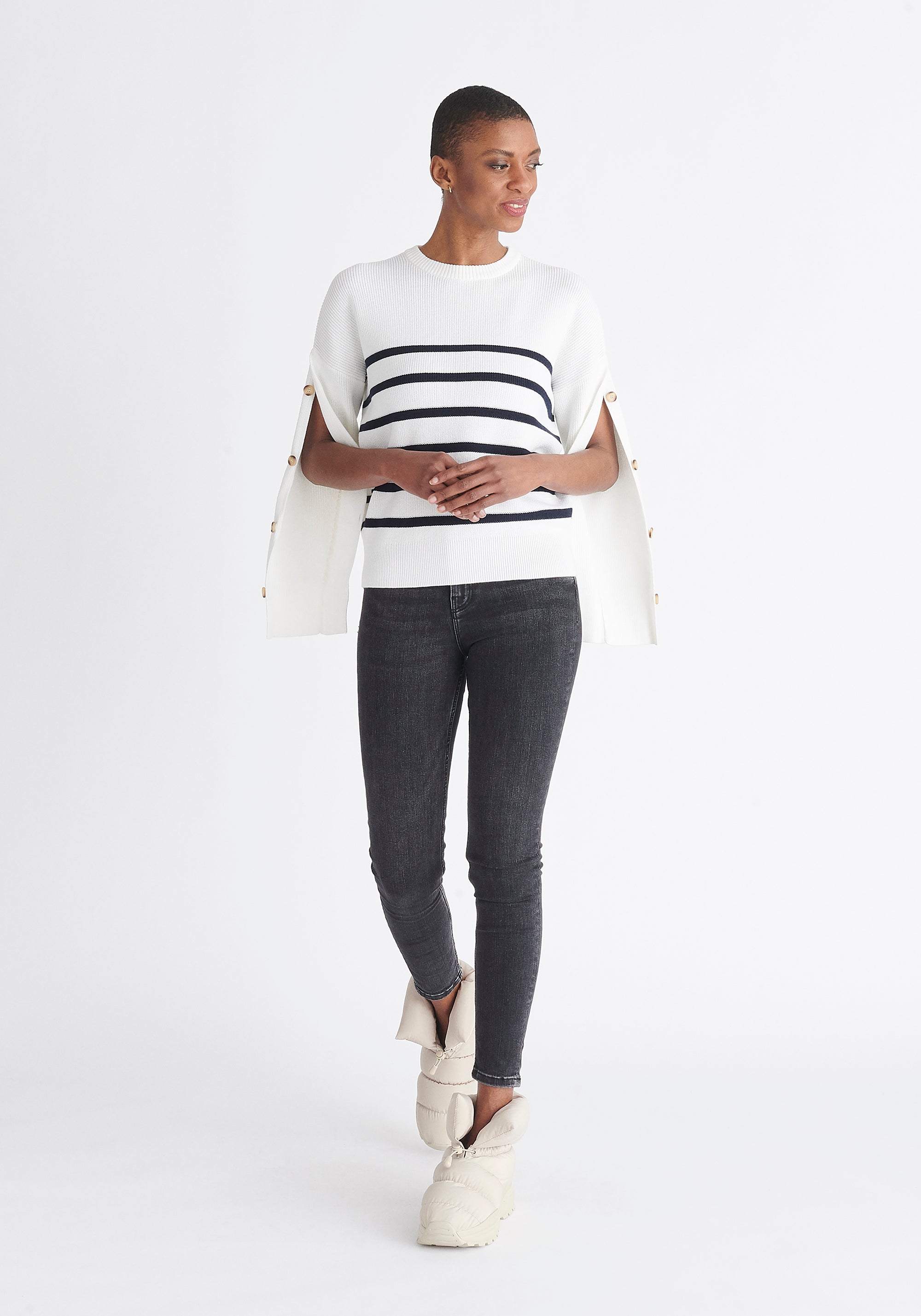 Paisie Striped Button Jumper in White and Navy