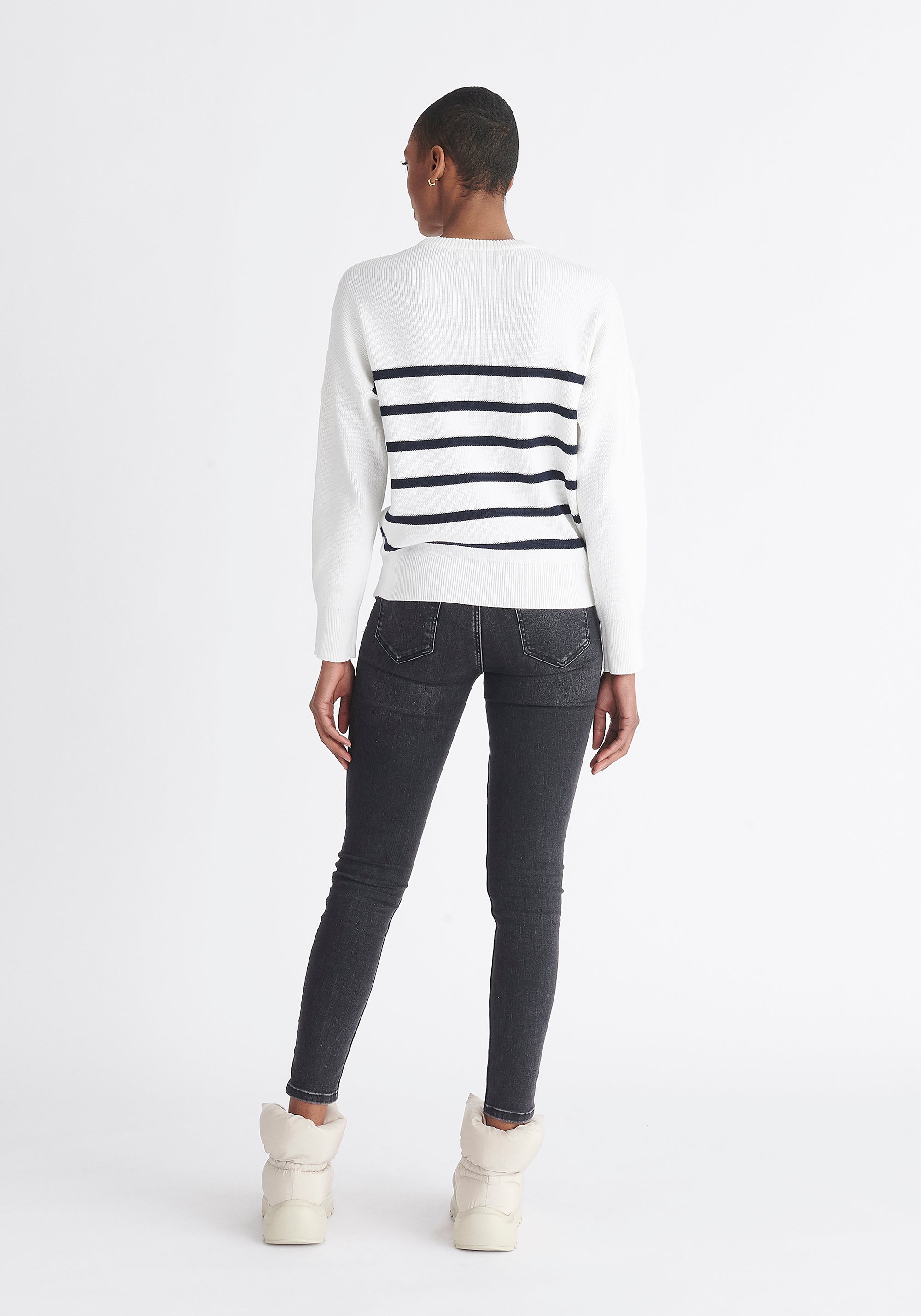 Paisie Striped Button Jumper in White and Navy Back