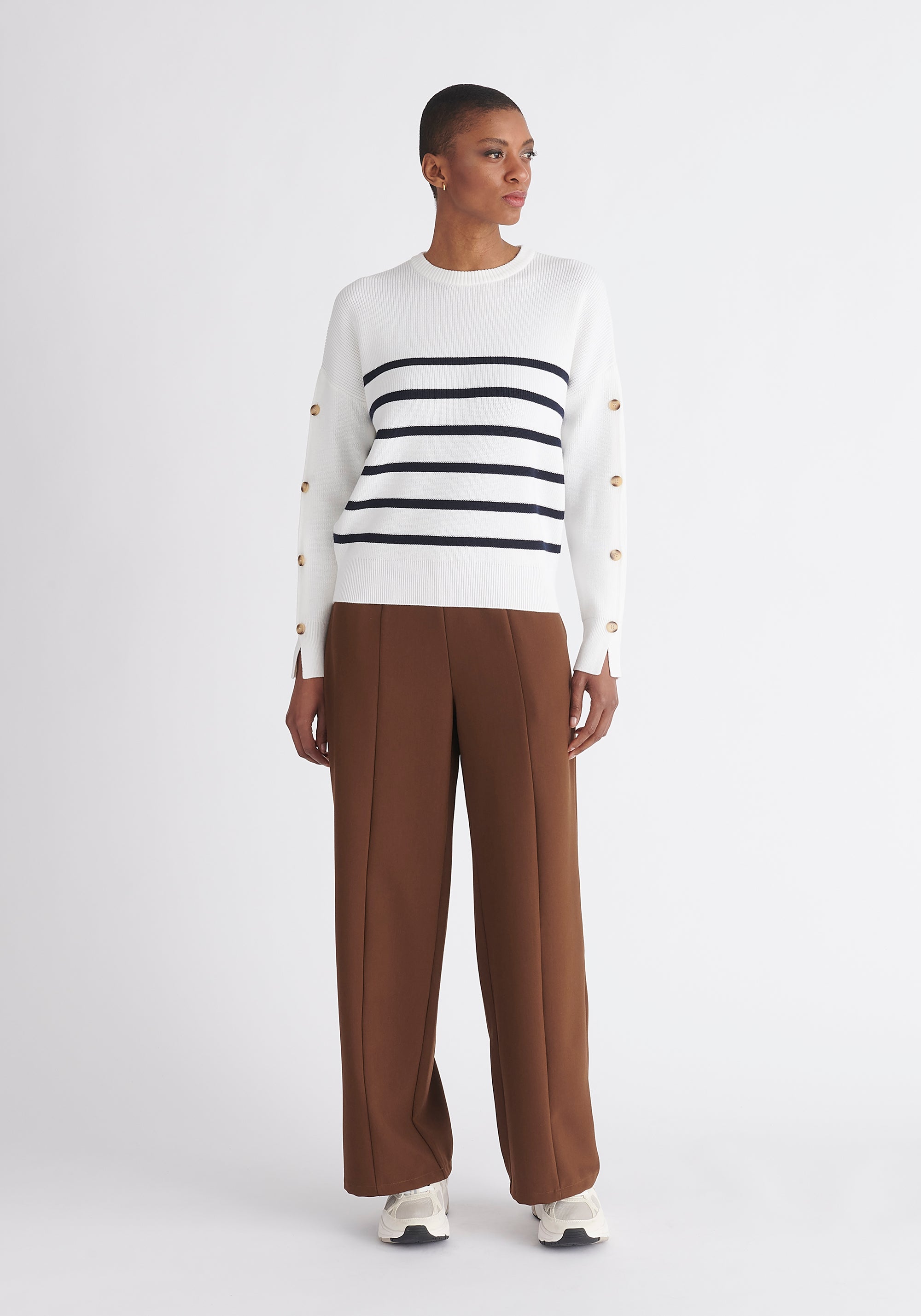 Paisie Striped Button Jumper in White and Navy