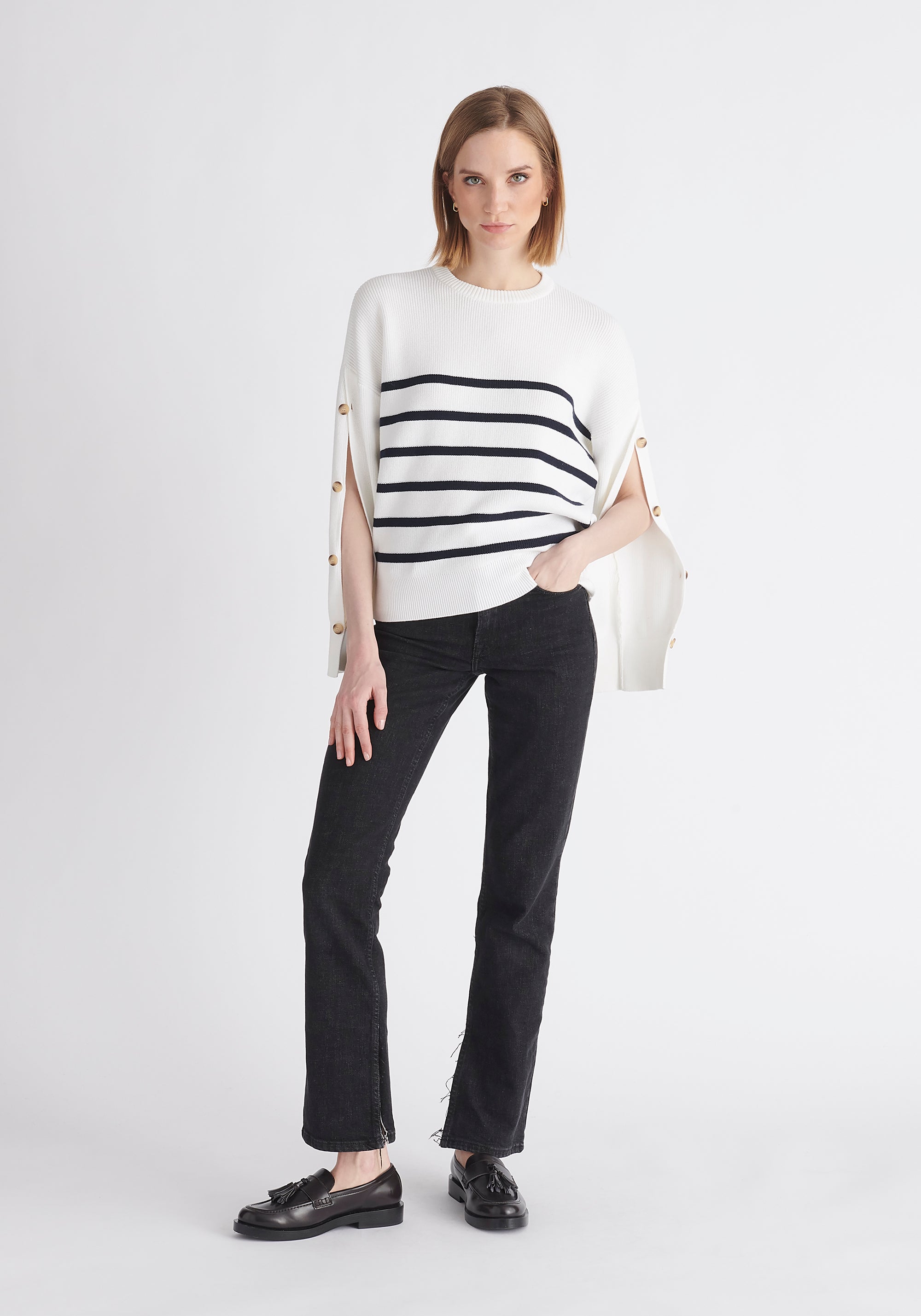 Paisie Striped Button Jumper in White and Navy