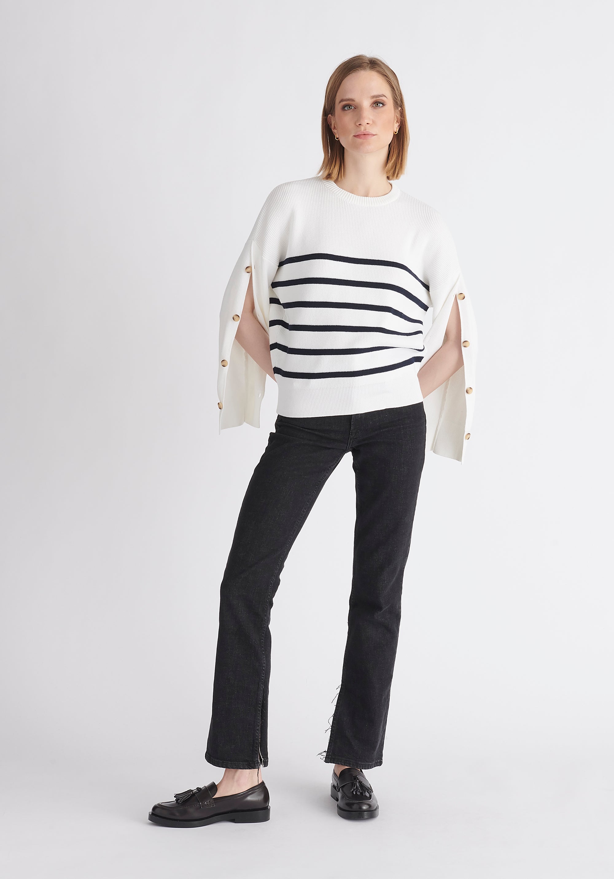 Paisie Striped Button Jumper in White and Navy