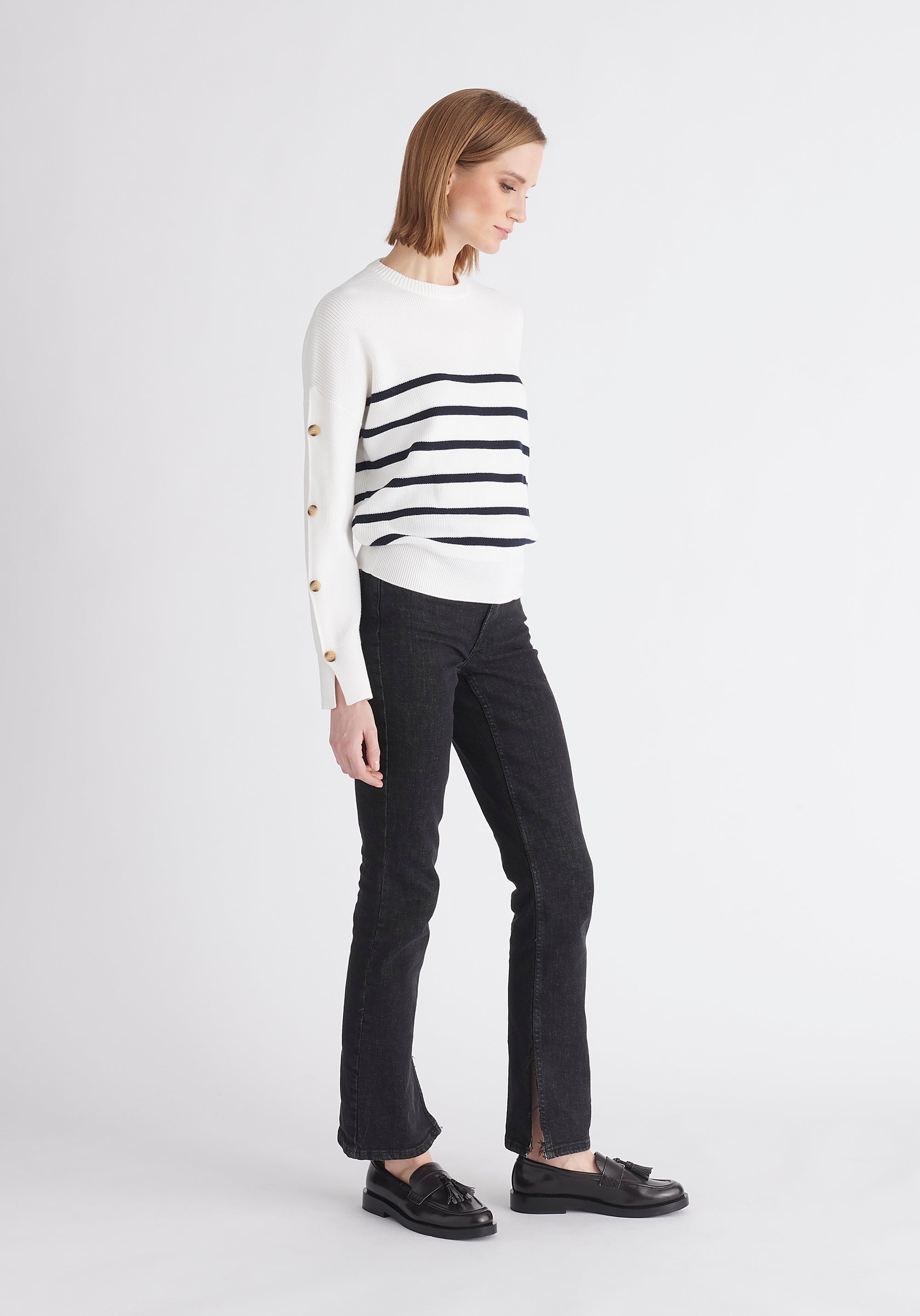 Paisie Striped Button Jumper in White and Navy