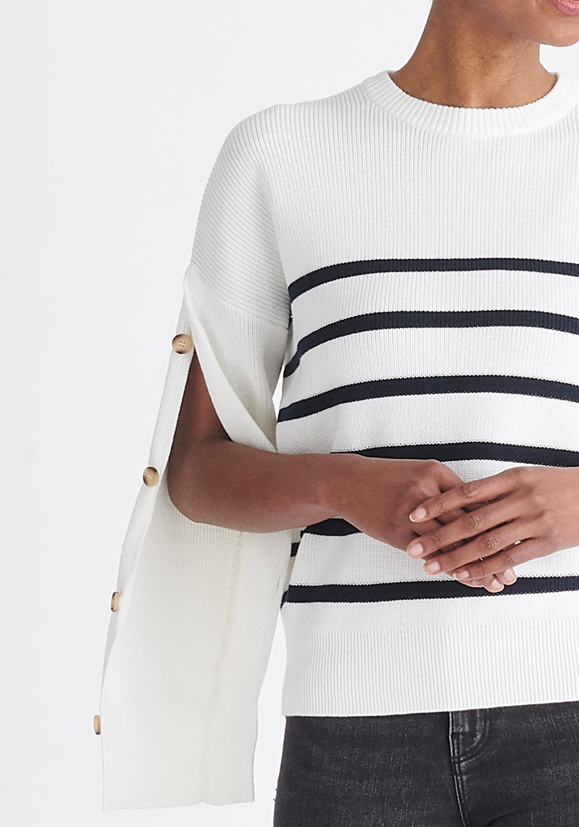 Paisie Striped Button Jumper in White and Navy Close Up