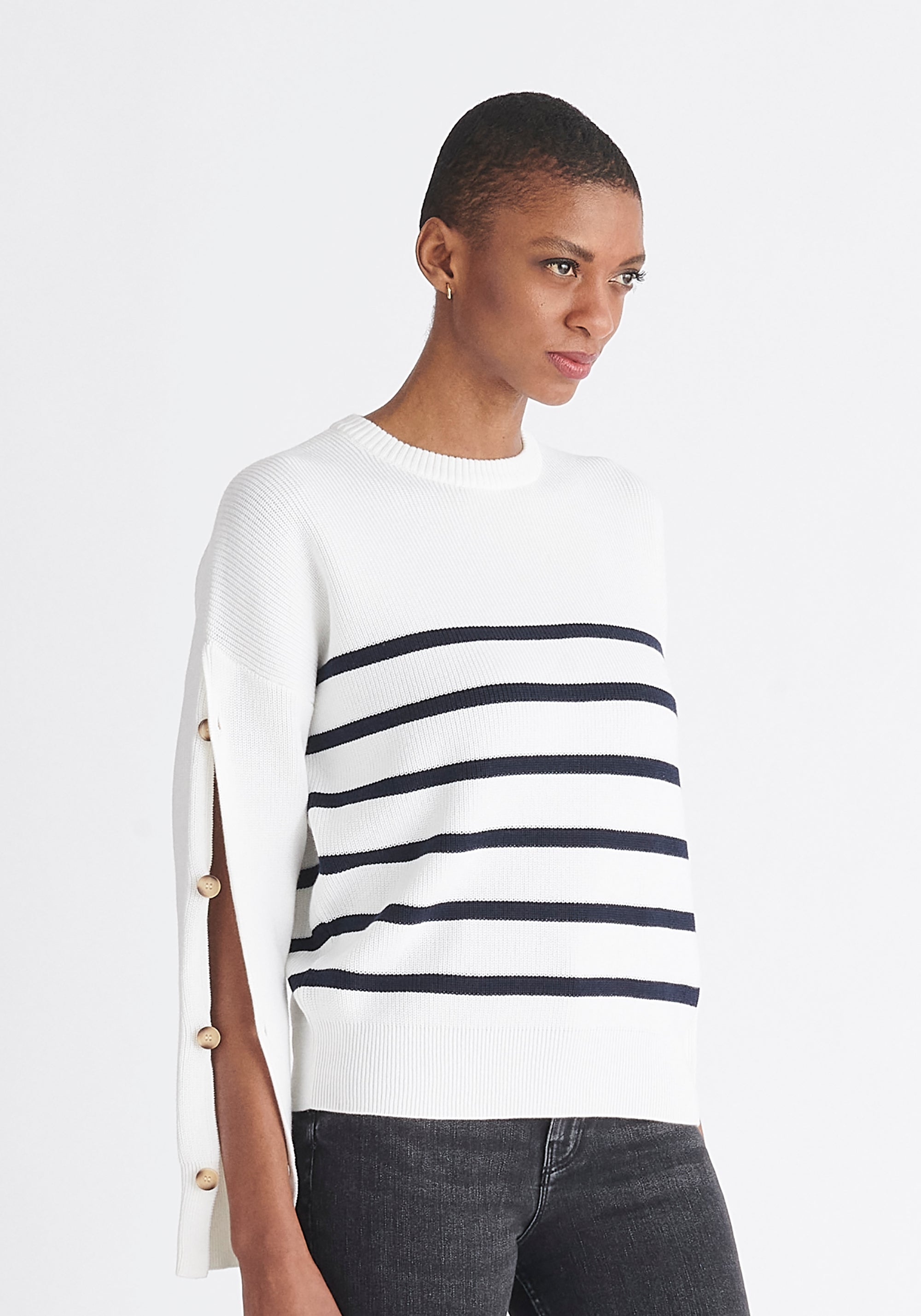 Paisie Striped Button Jumper in White and Navy