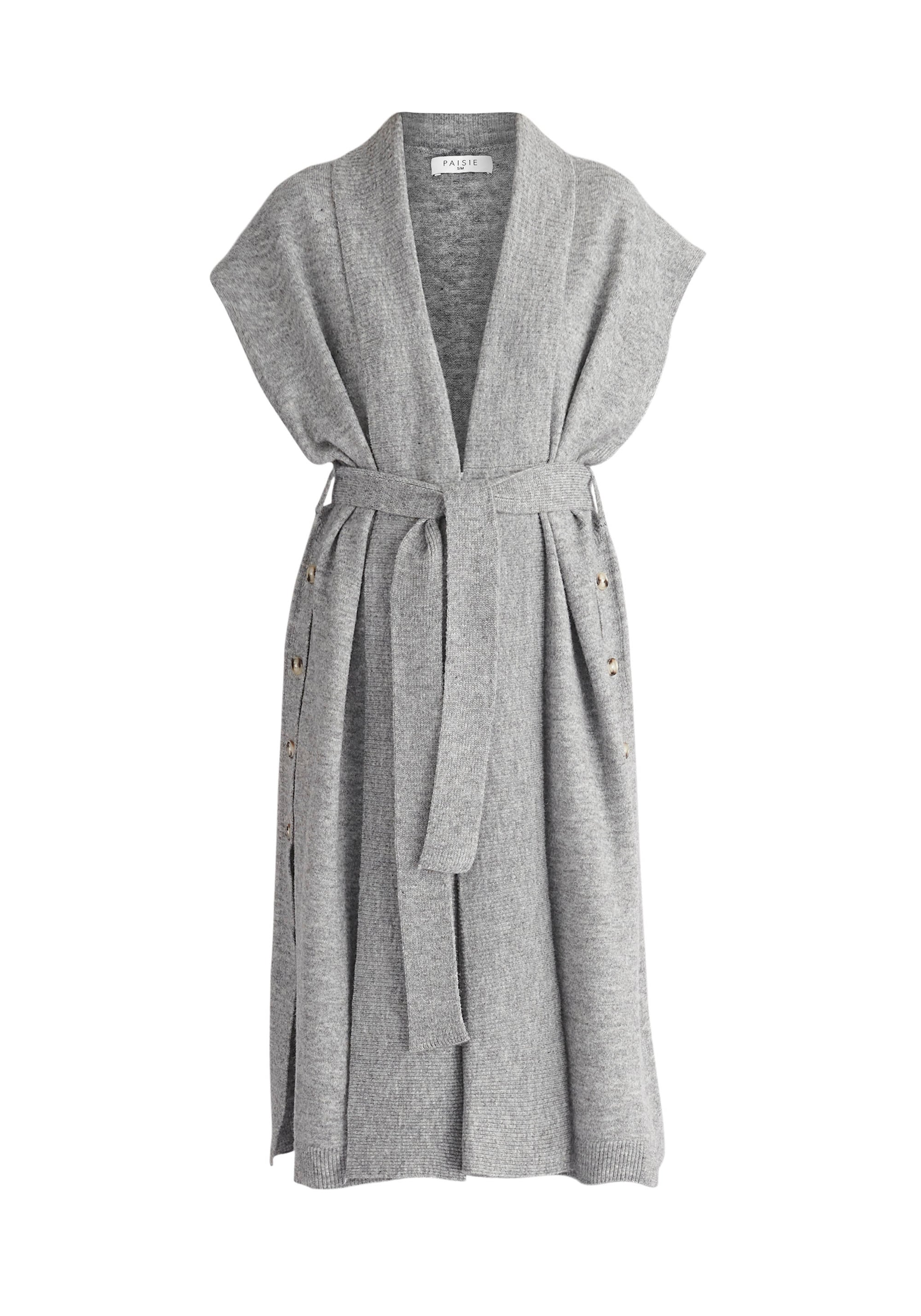 Paisie Wide Collar Sleeveless Cardigan in Light Grey Cut Out