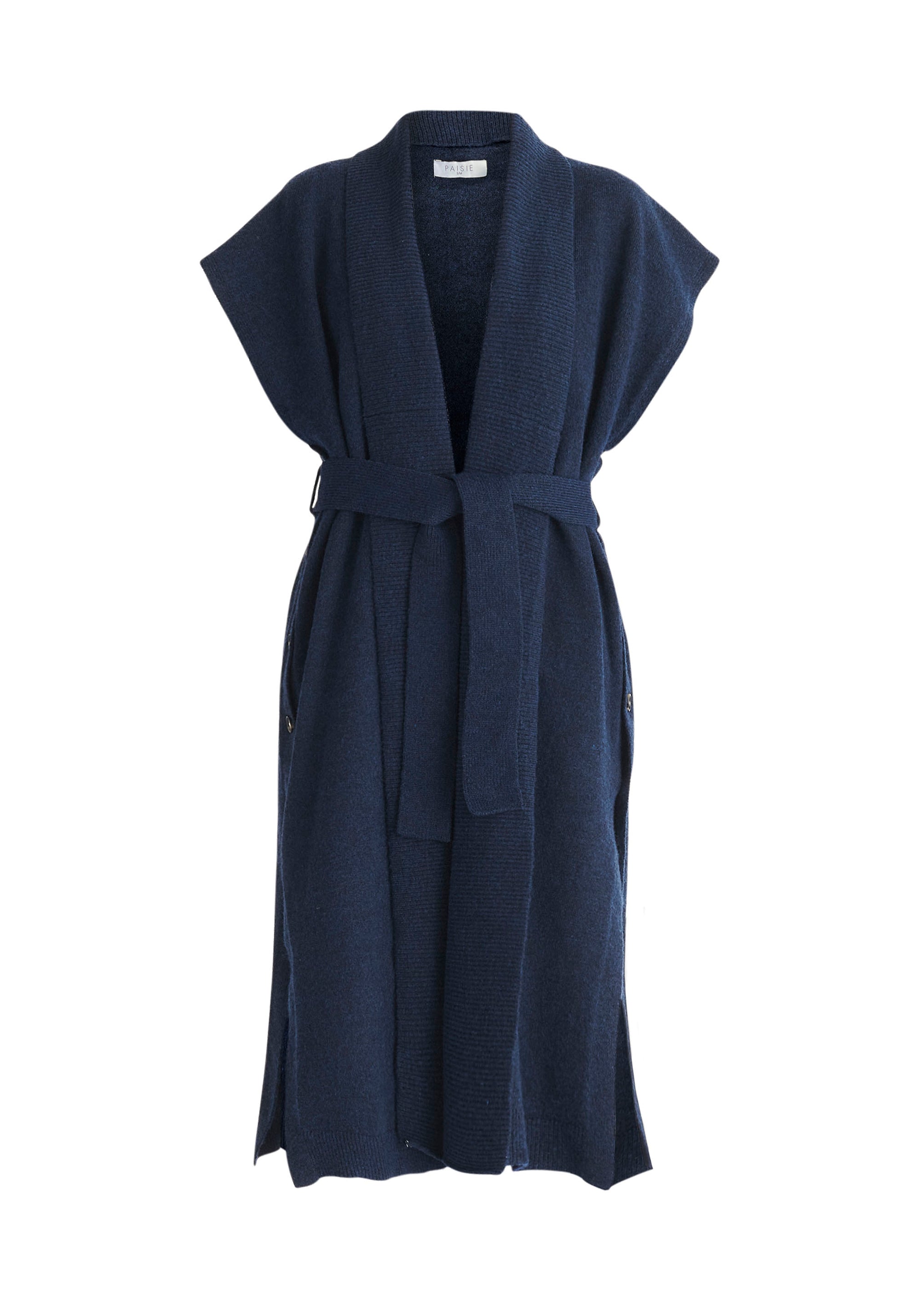 Paisie Wide Collar Sleeveless Cardigan in Navy Cut Out