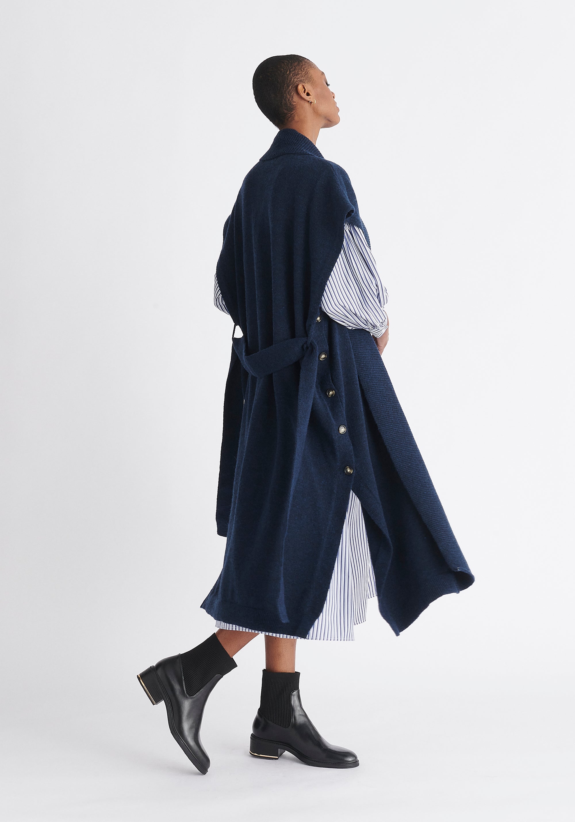 Paisie Wide Collar Sleeveless Cardigan in Navy Side