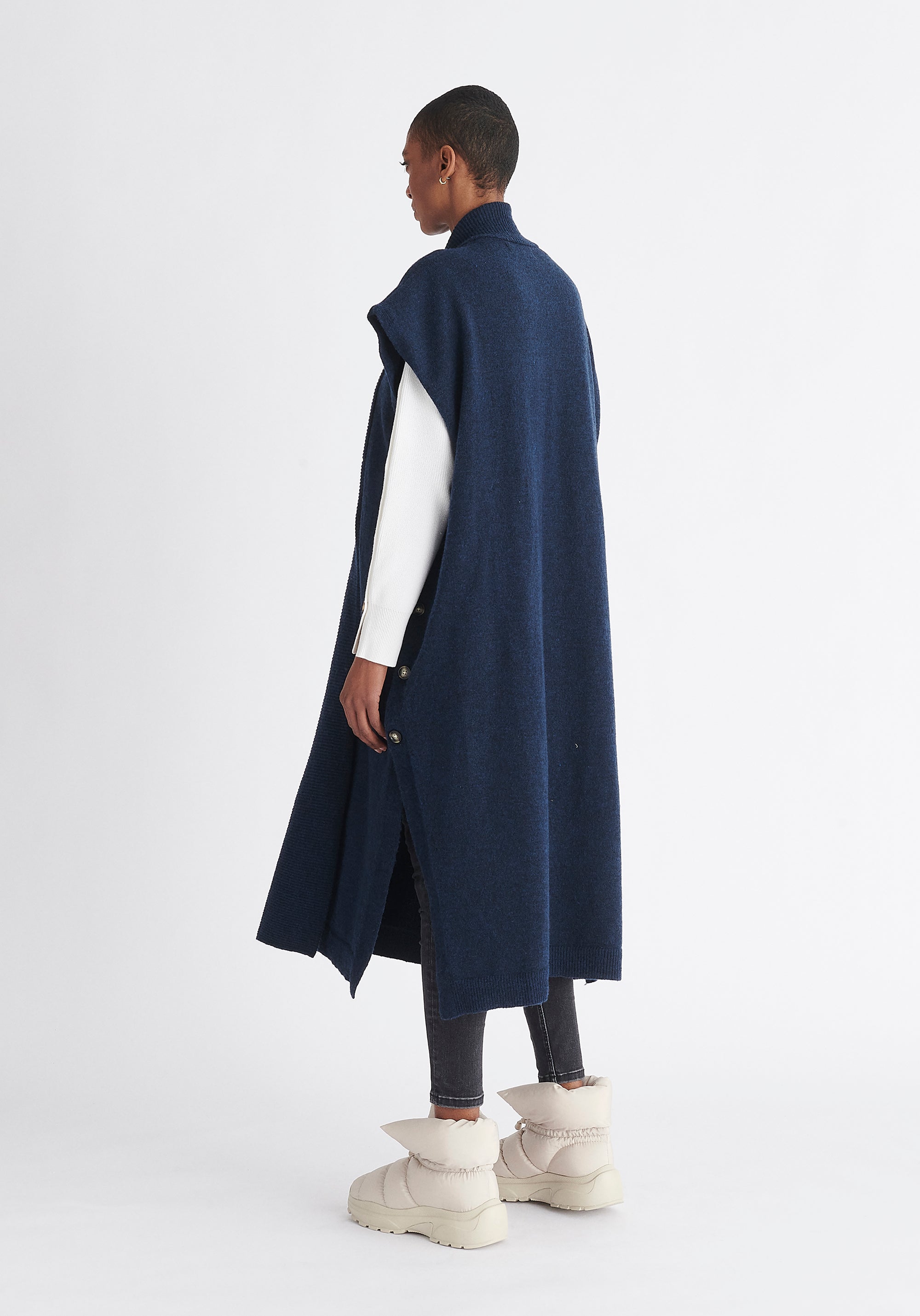 Paisie Wide Collar Sleeveless Cardigan in Navy Back