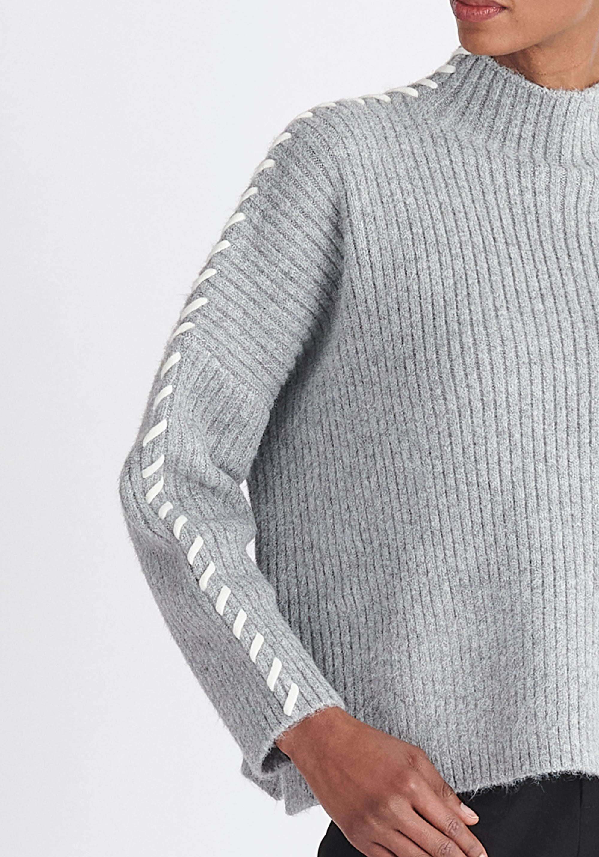 Paisie Contrast Whipstitch Jumper in Grey Close Up