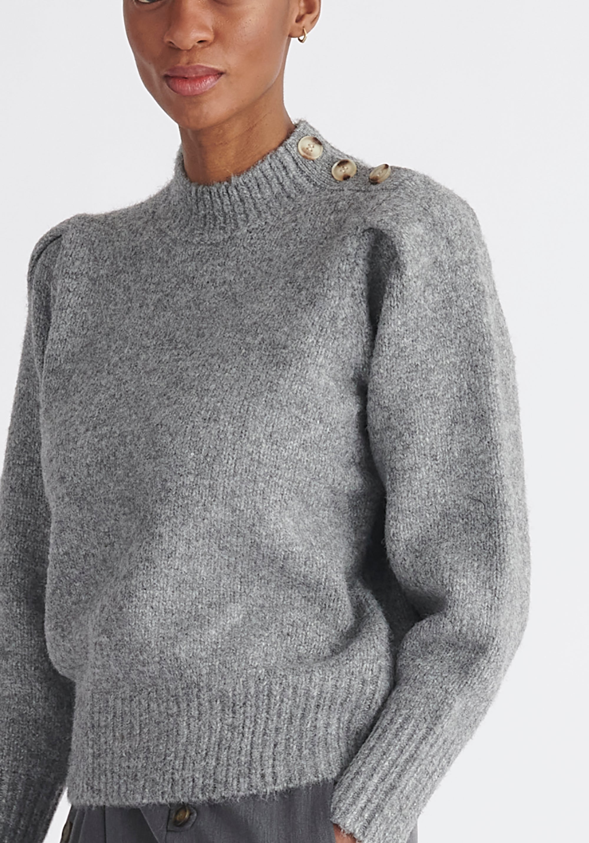 Paisie Buttoned Shoulder Jumper in Grey Close Up