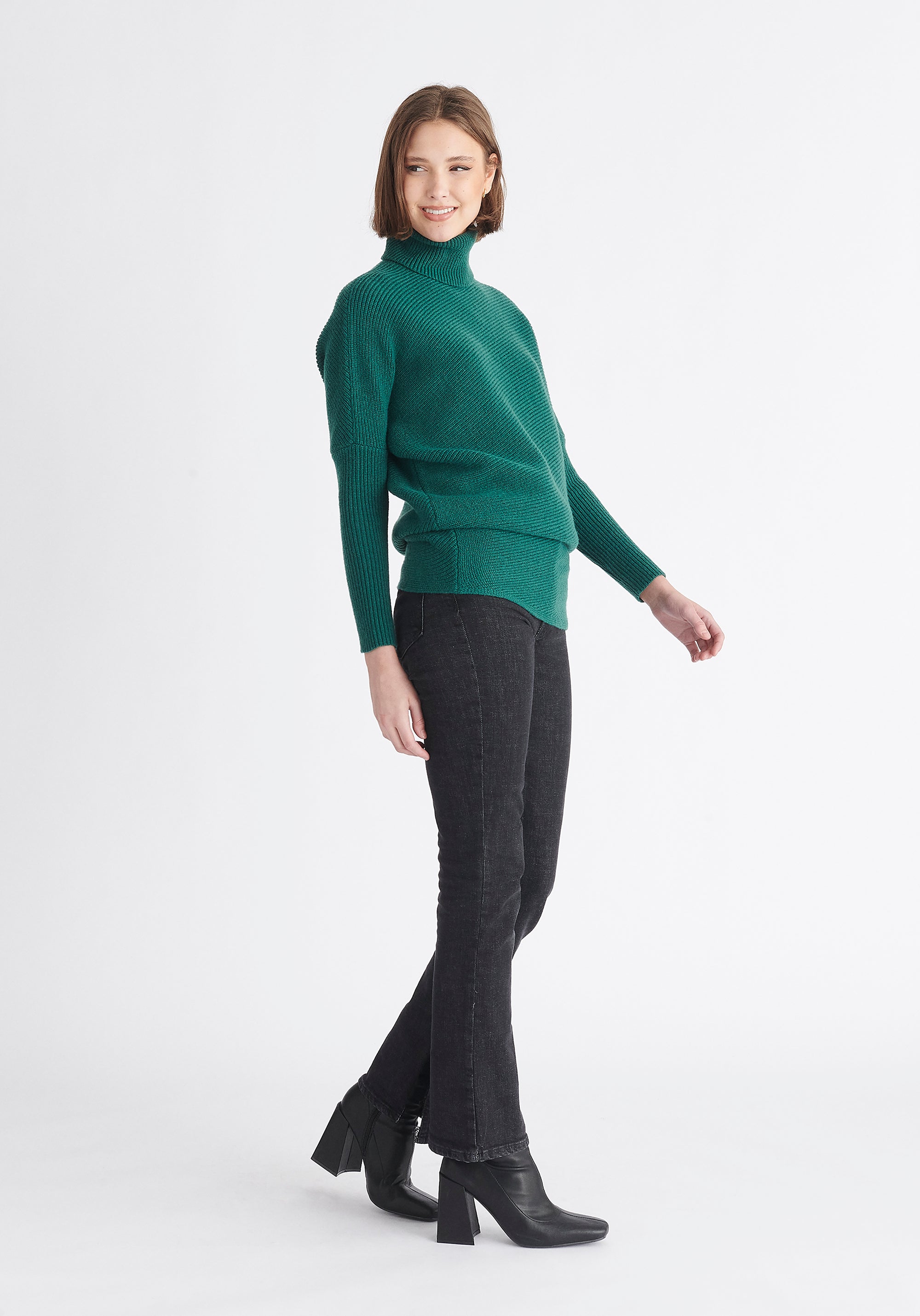 Paisie Asymmetric Button Slit Jumper in Green Side