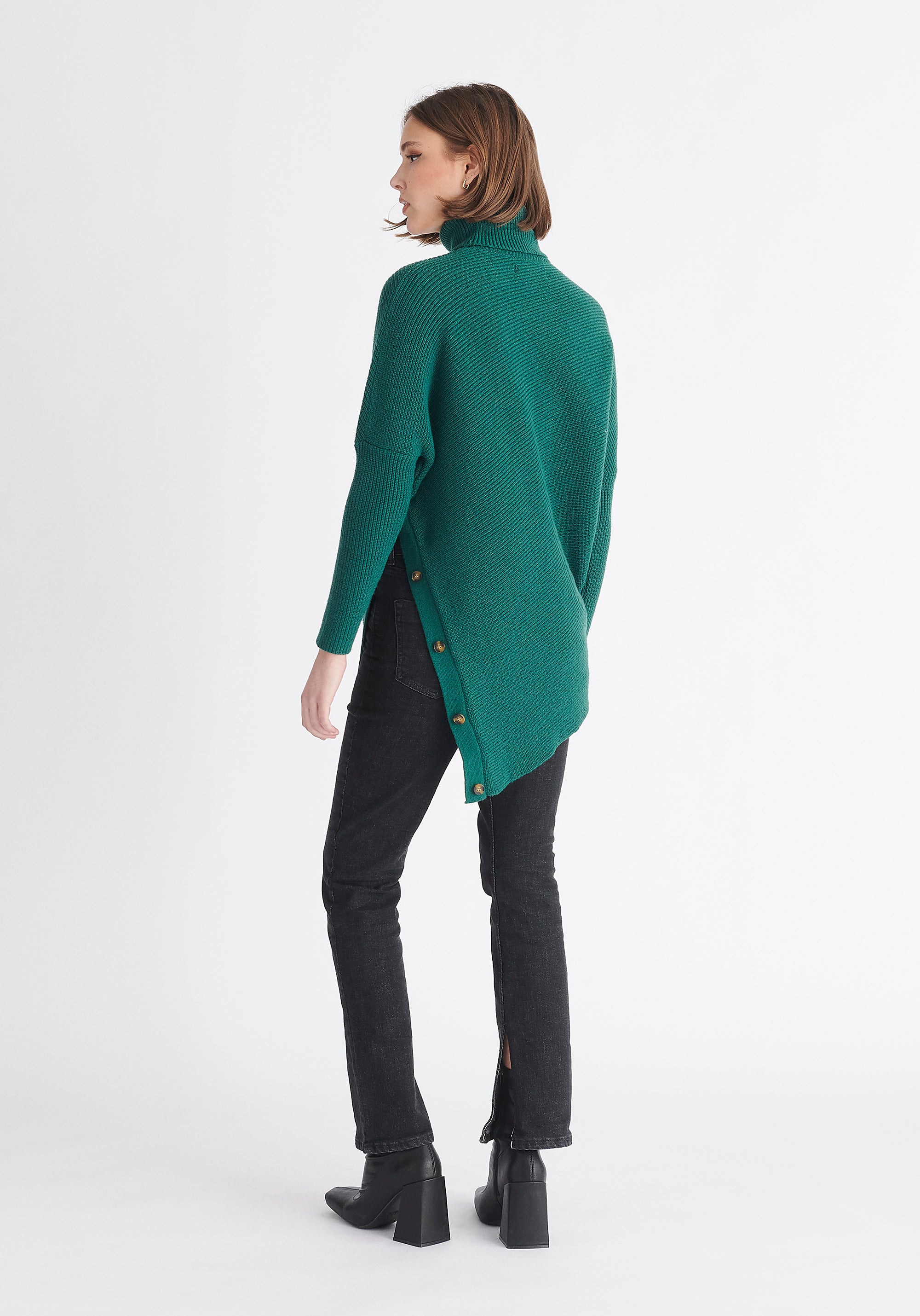 Paisie Asymmetric Button Slit Jumper in Green Back