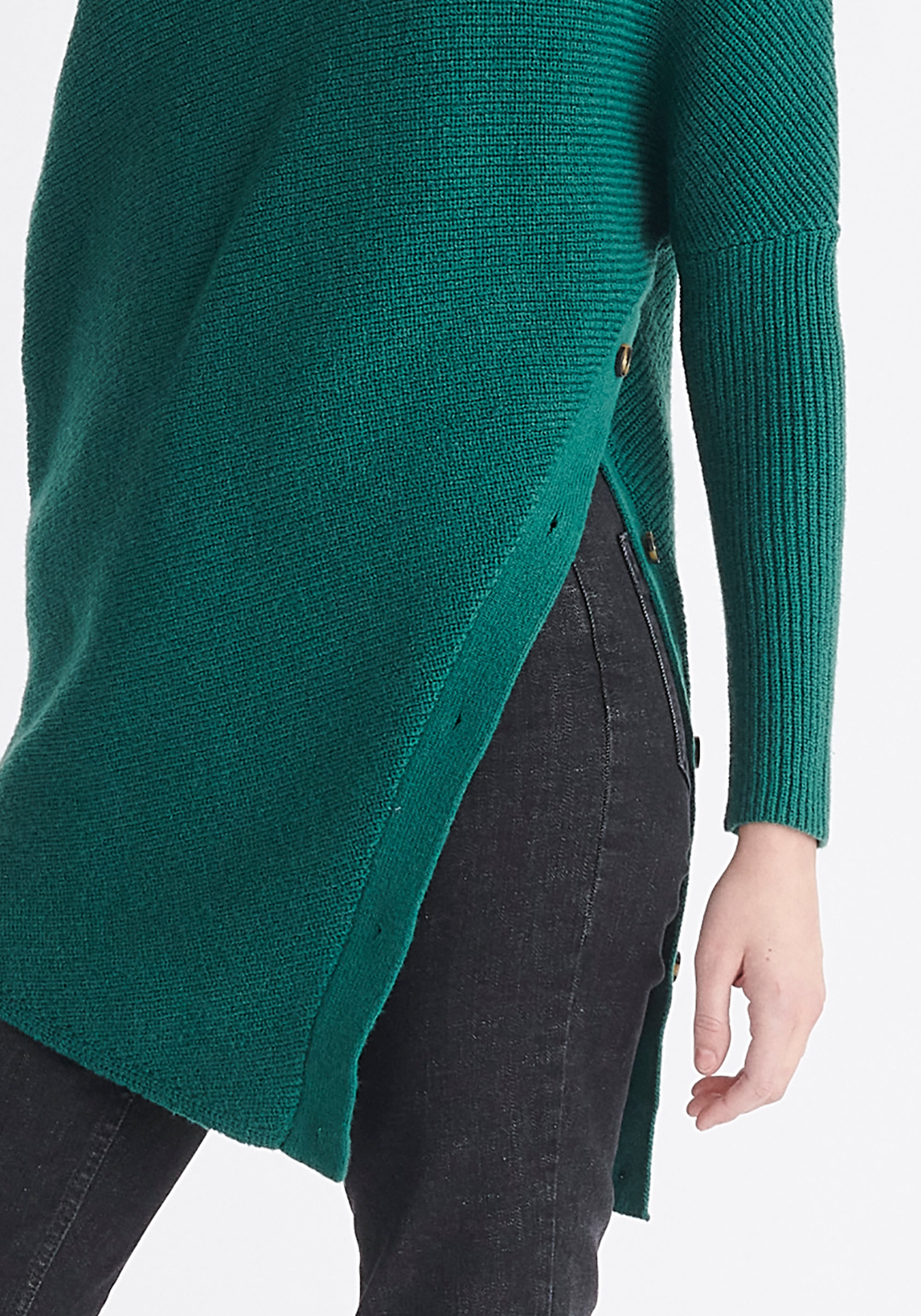 Paisie Asymmetric Button Slit Jumper in Green Close Up