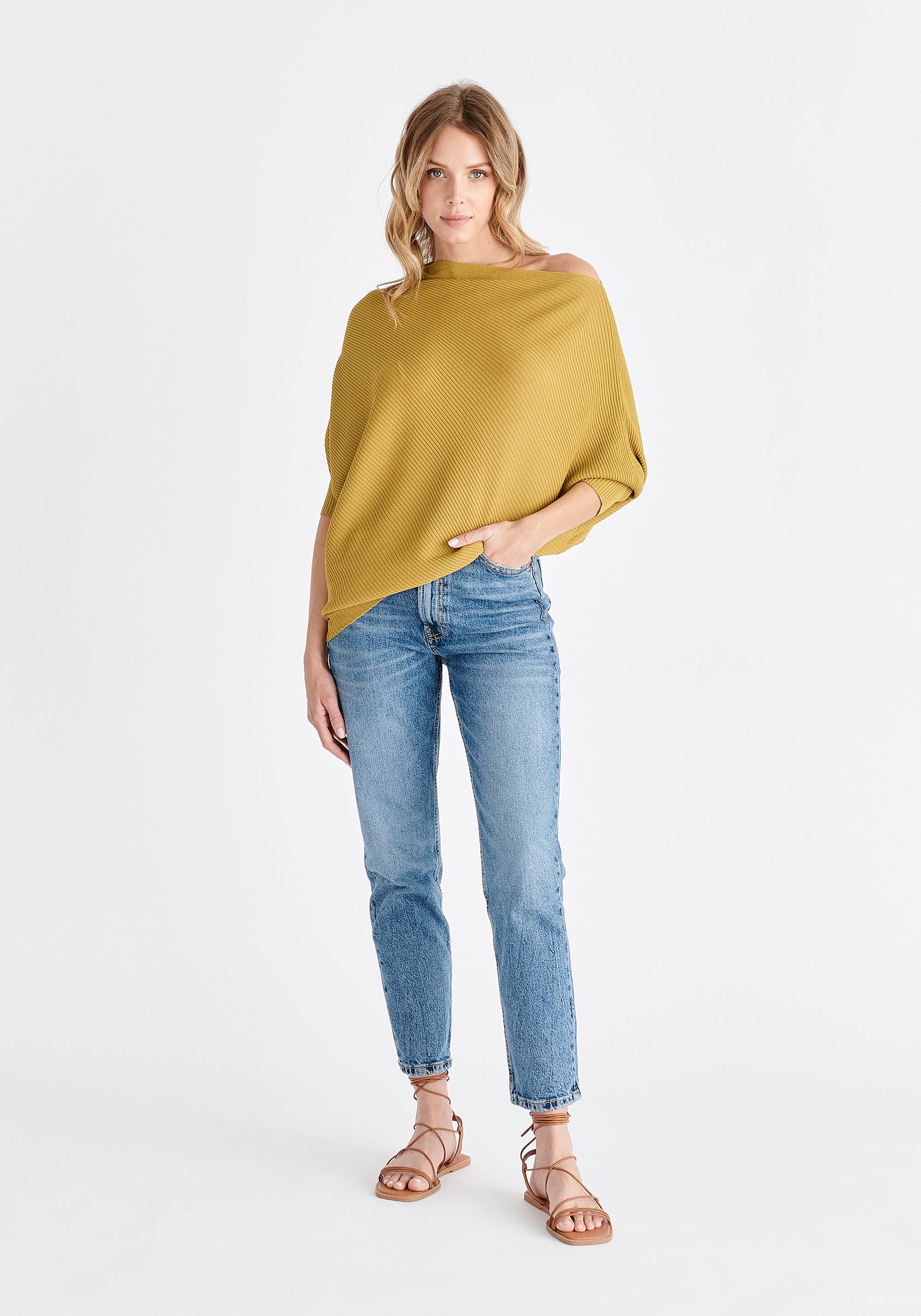 Ribbed Draped Knitted Top in Olive